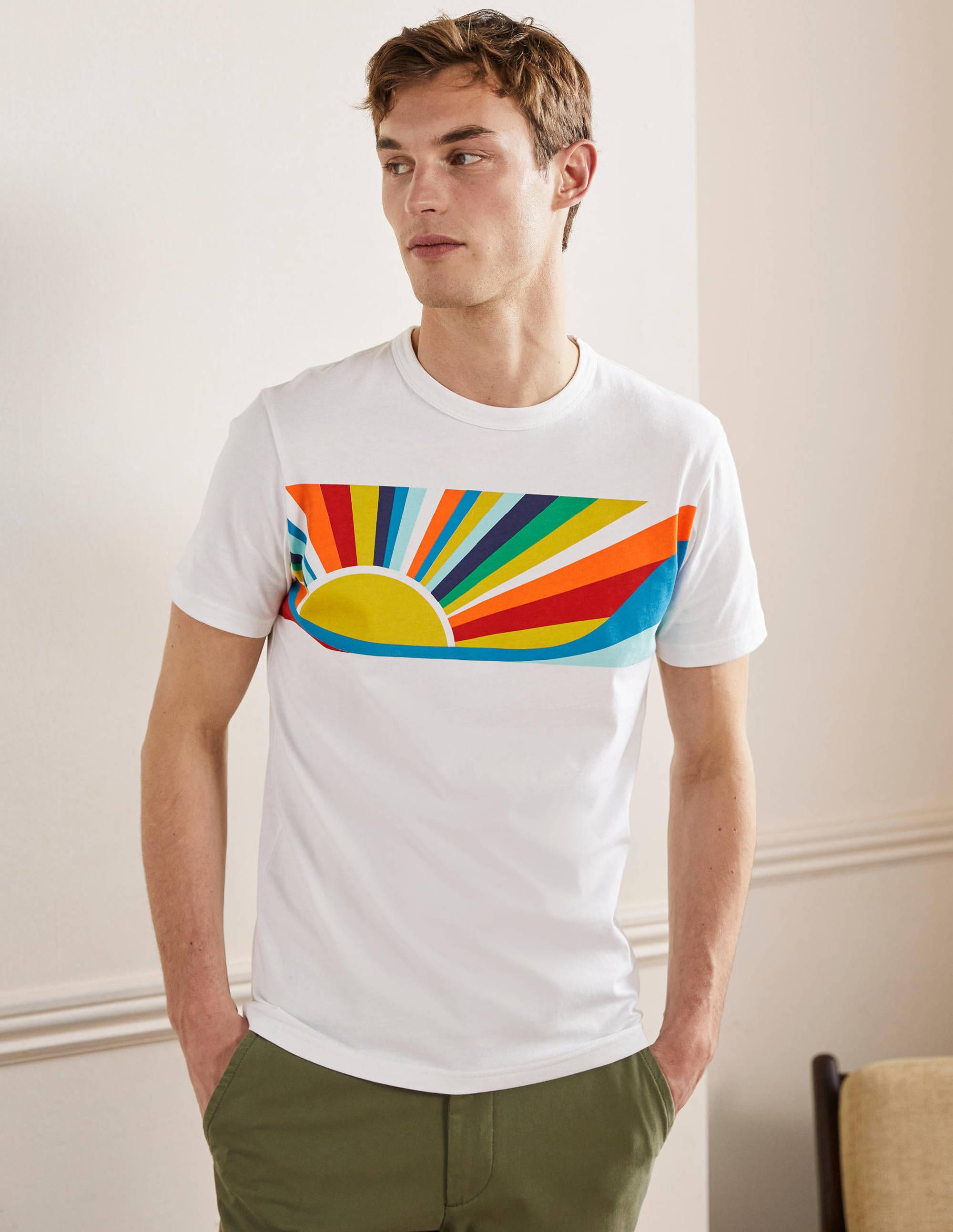 T-shirt Kingston WIT Homme Boden, White Rainbow Sunset