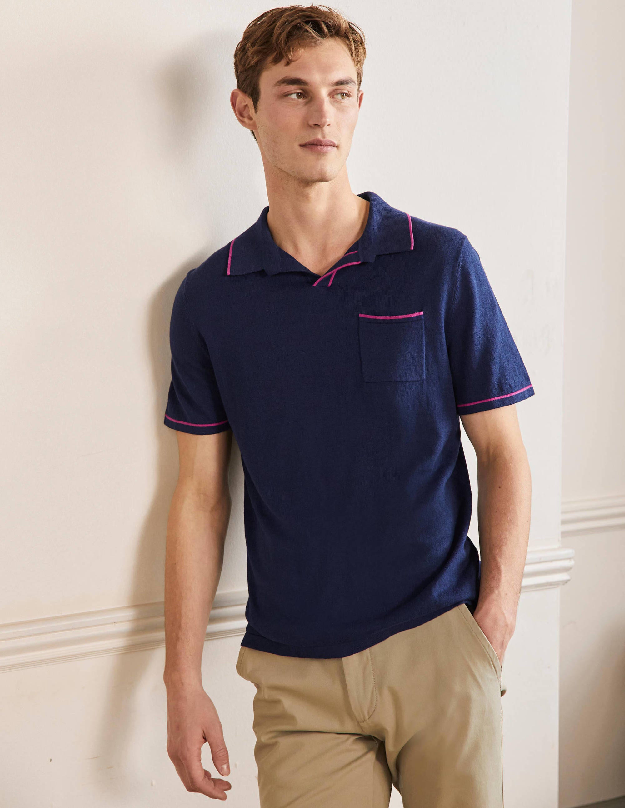 Polo à col ouvert en lin mélangé NAV Homme Boden, Navy