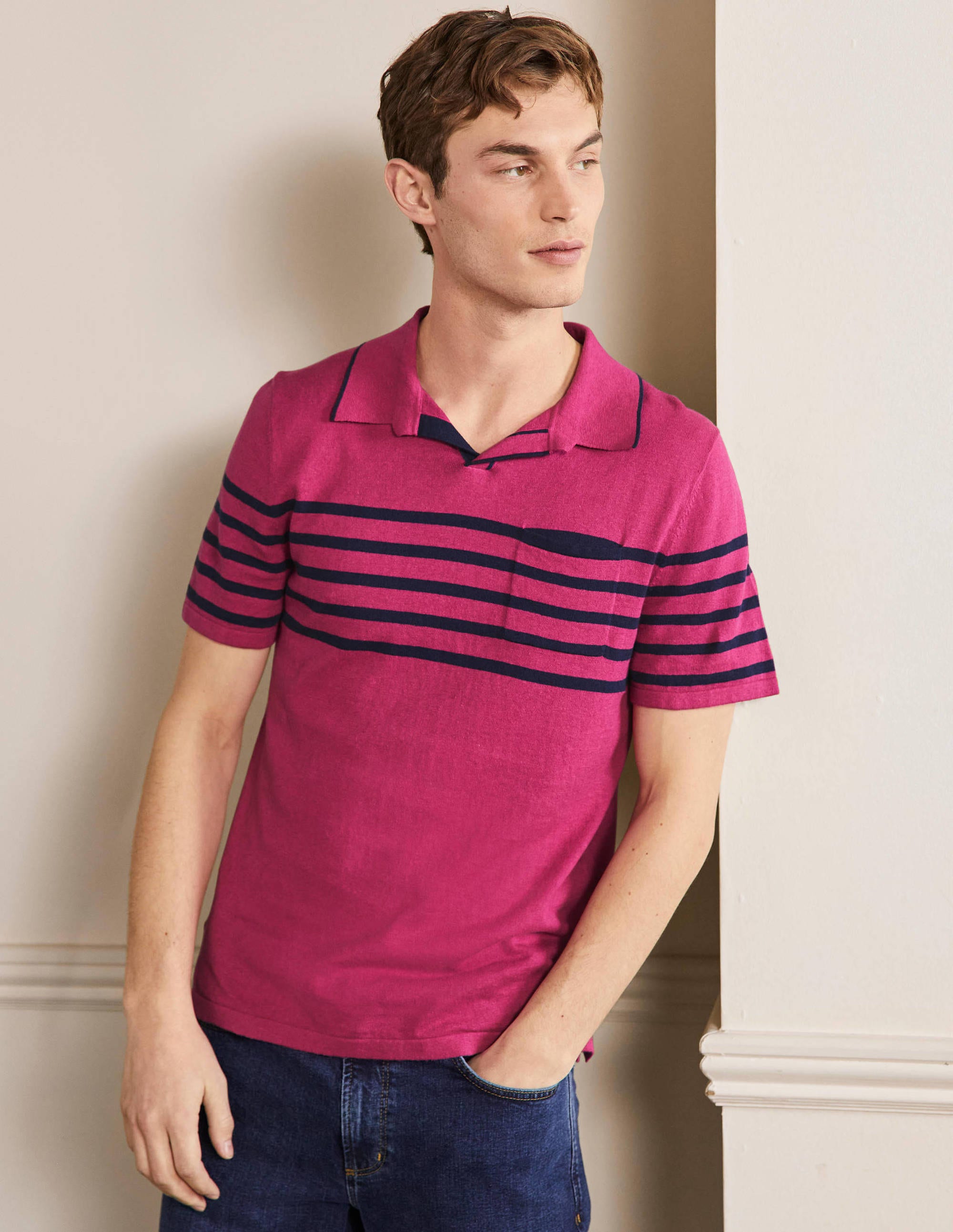 Polo à col ouvert en lin mélangé RED Homme Boden, Red