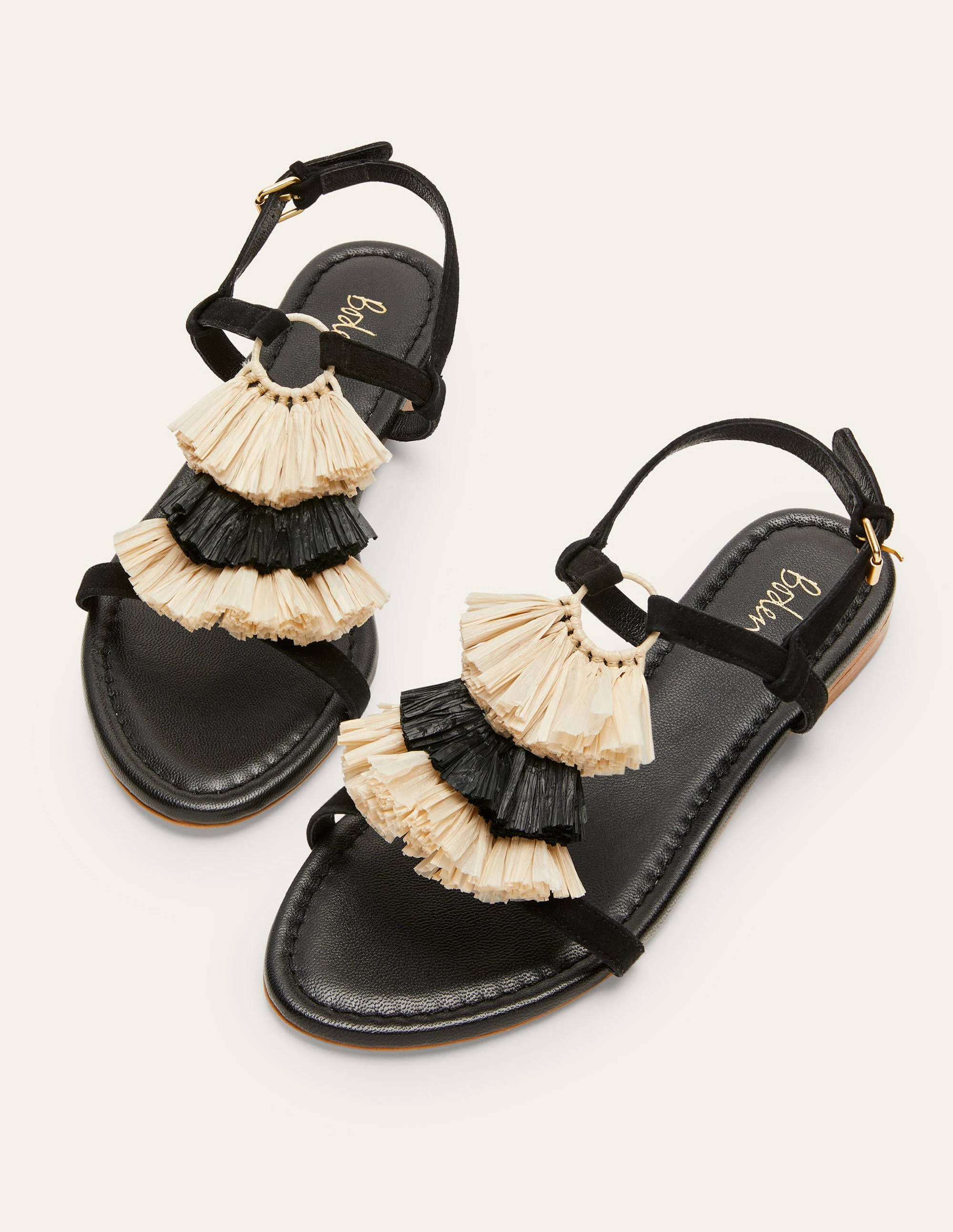 Sandales plates Sarah à franges BLK Femme Boden, Black