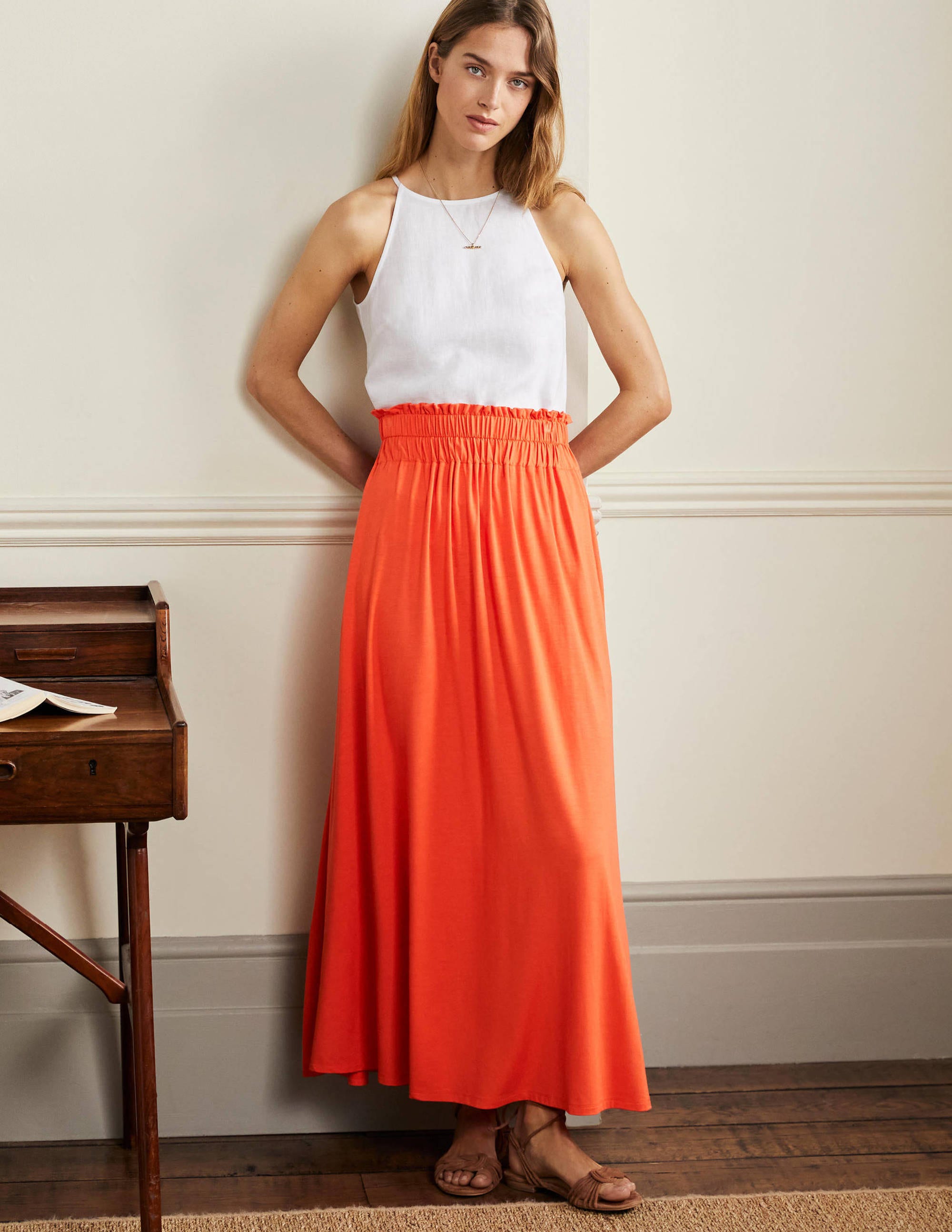 Jupe longue à enfiler en jersey ORG Femme Boden, Orange