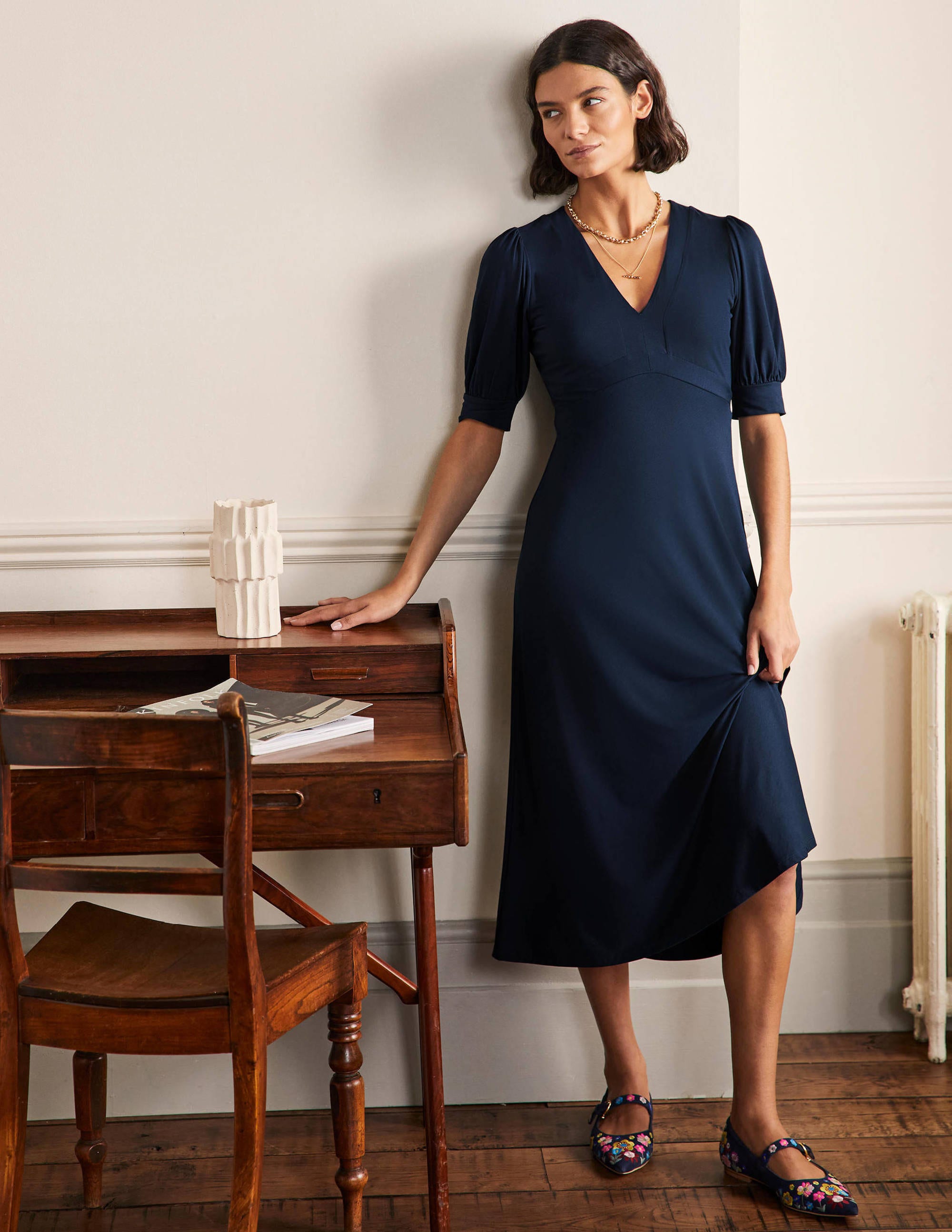 Robe midi Eva en jersey NAV Femme Boden, Navy