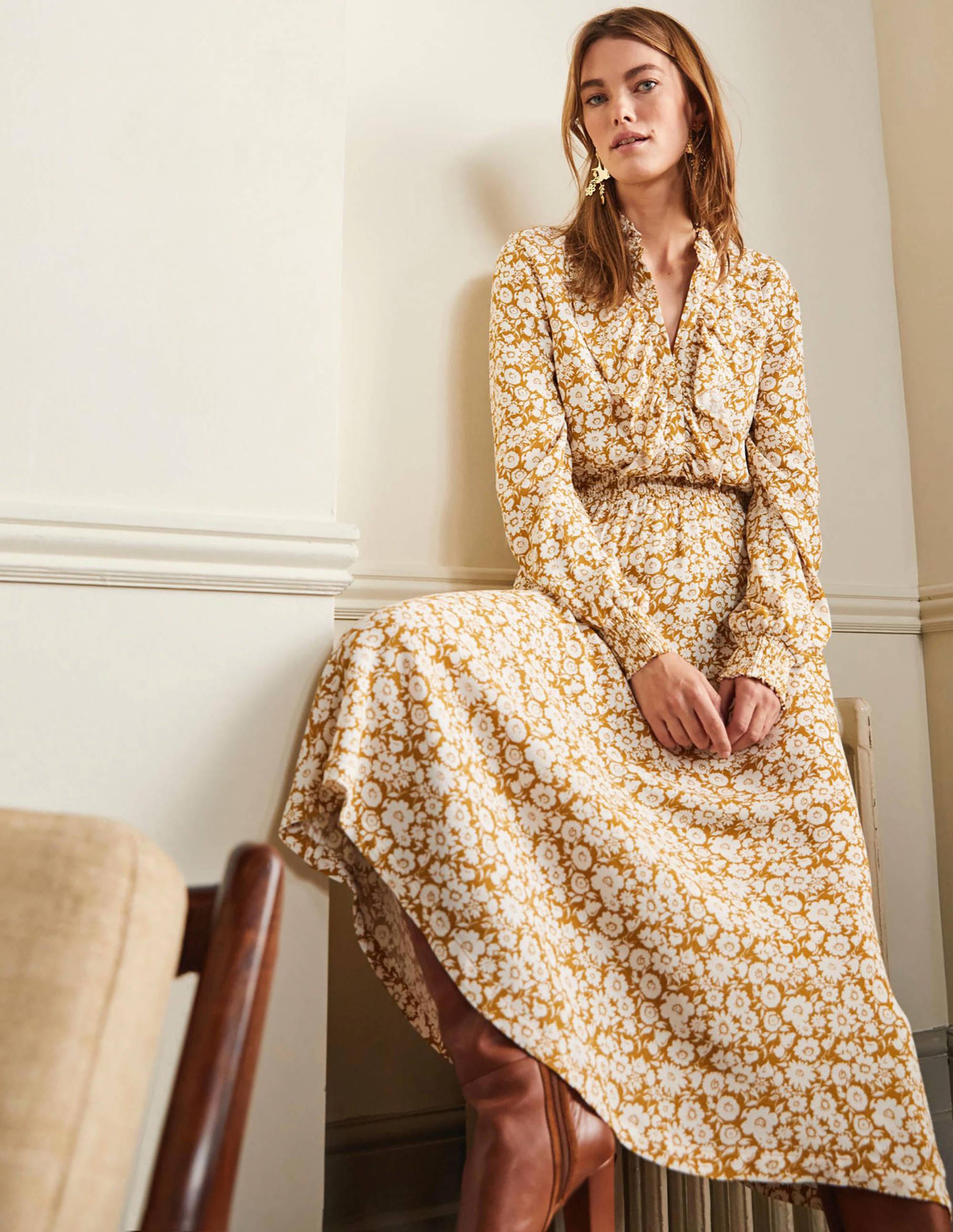 Robe midi volantée sur le devant YEL Femme Boden, Yellow