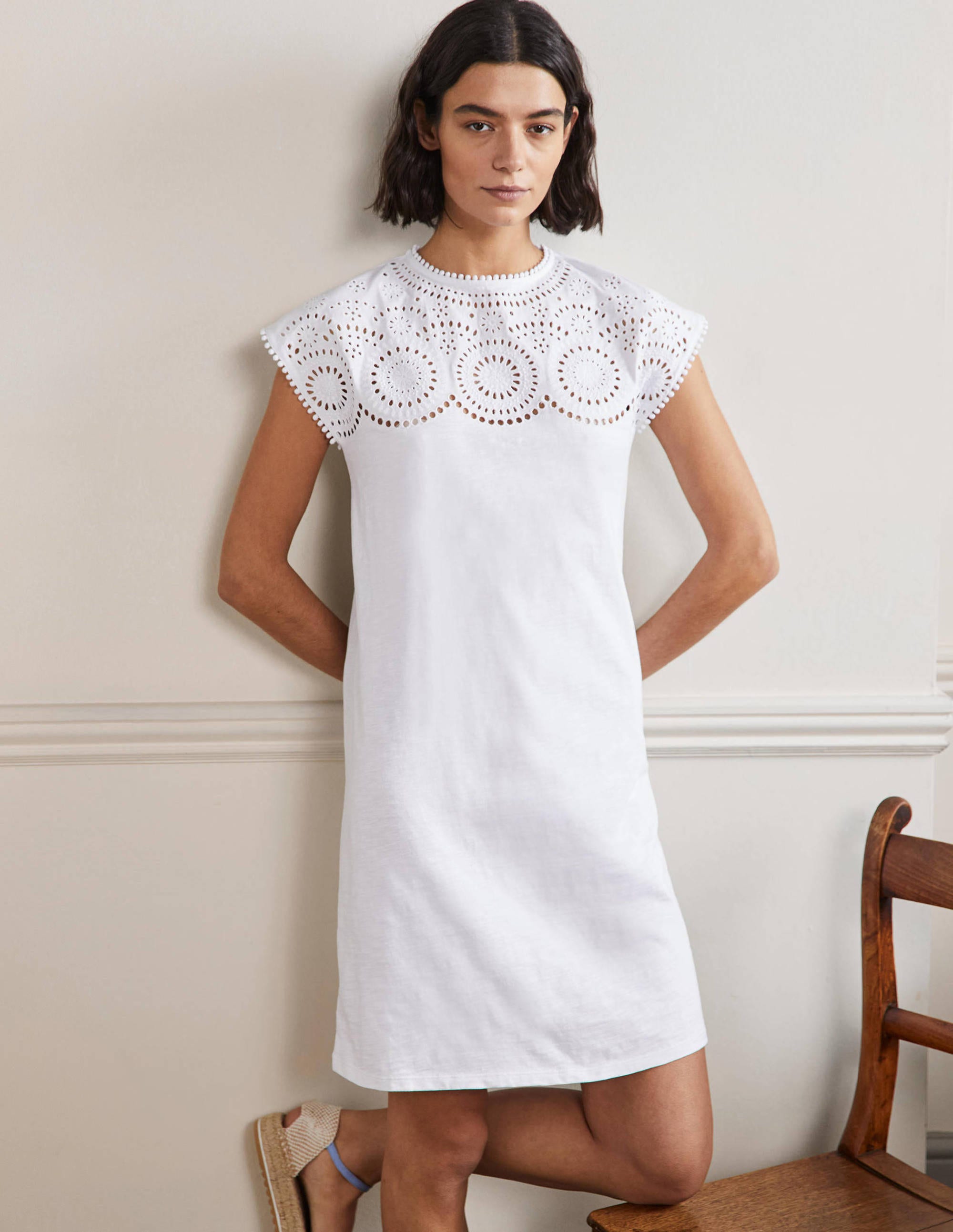 Robe T-shirt ajourée en jersey WHT Femme Boden, White
