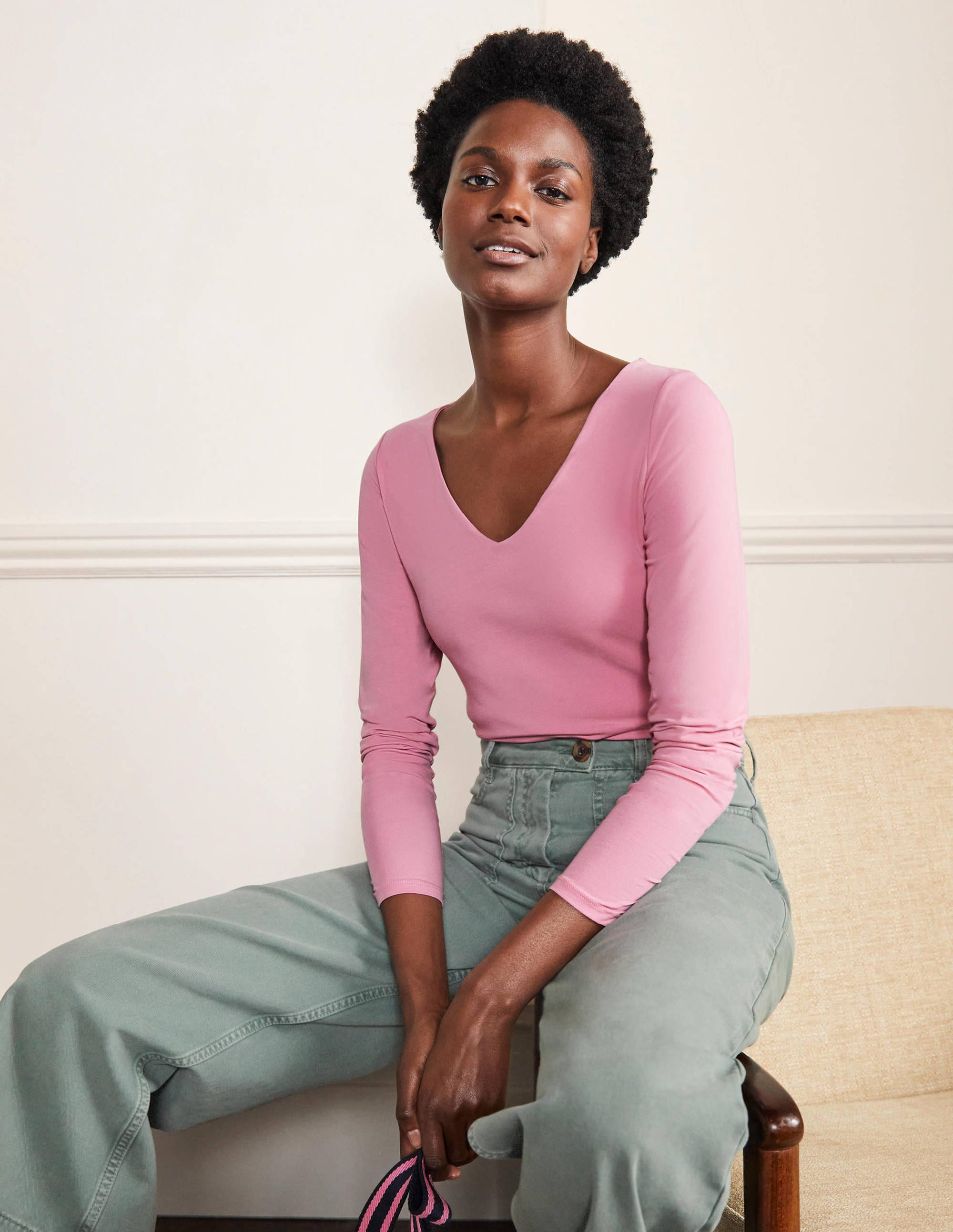 Top double épaisseur à col en V STP Femme Boden, Pink