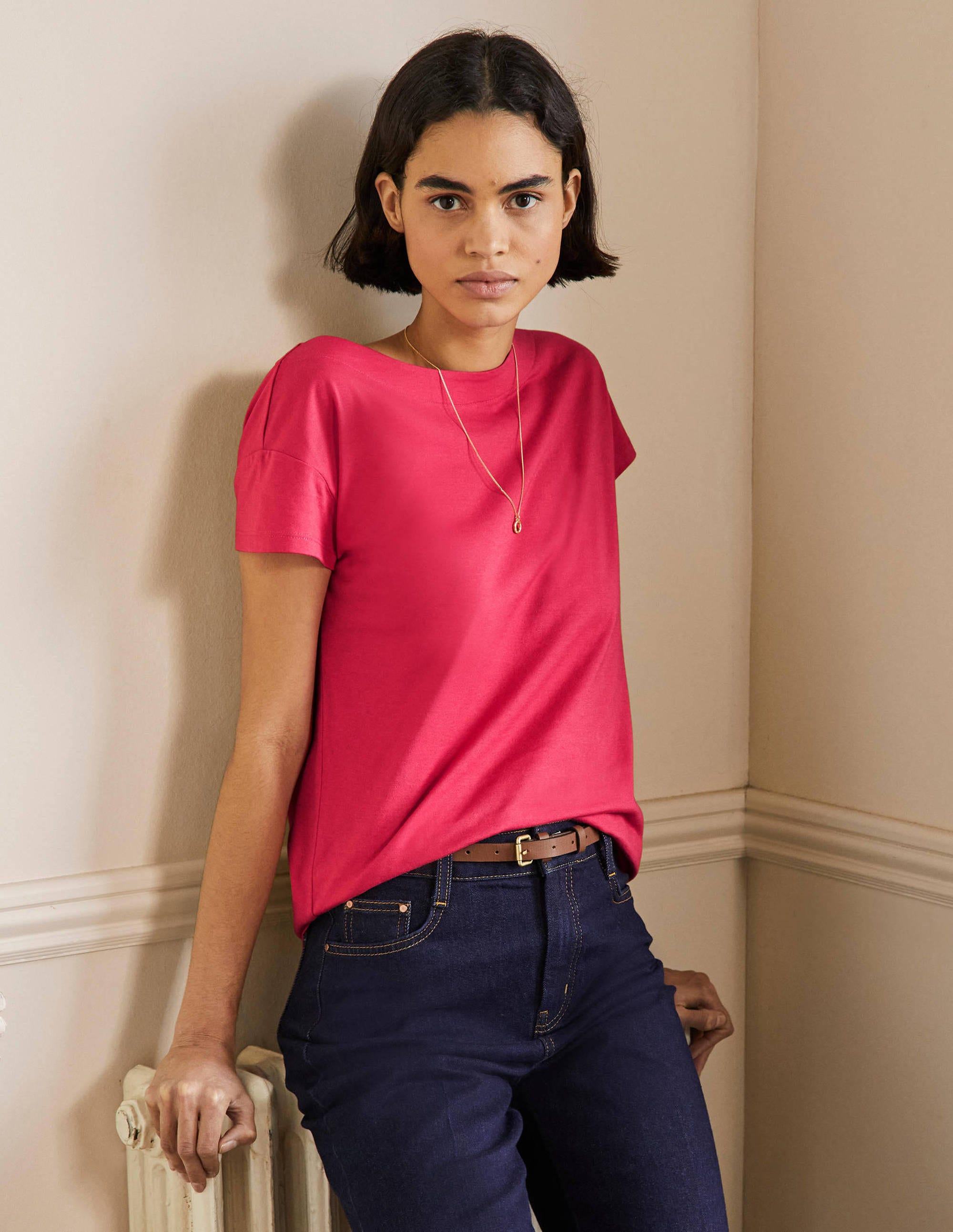 T-shirt col large ultra-doux MAG Femme Boden, Pink