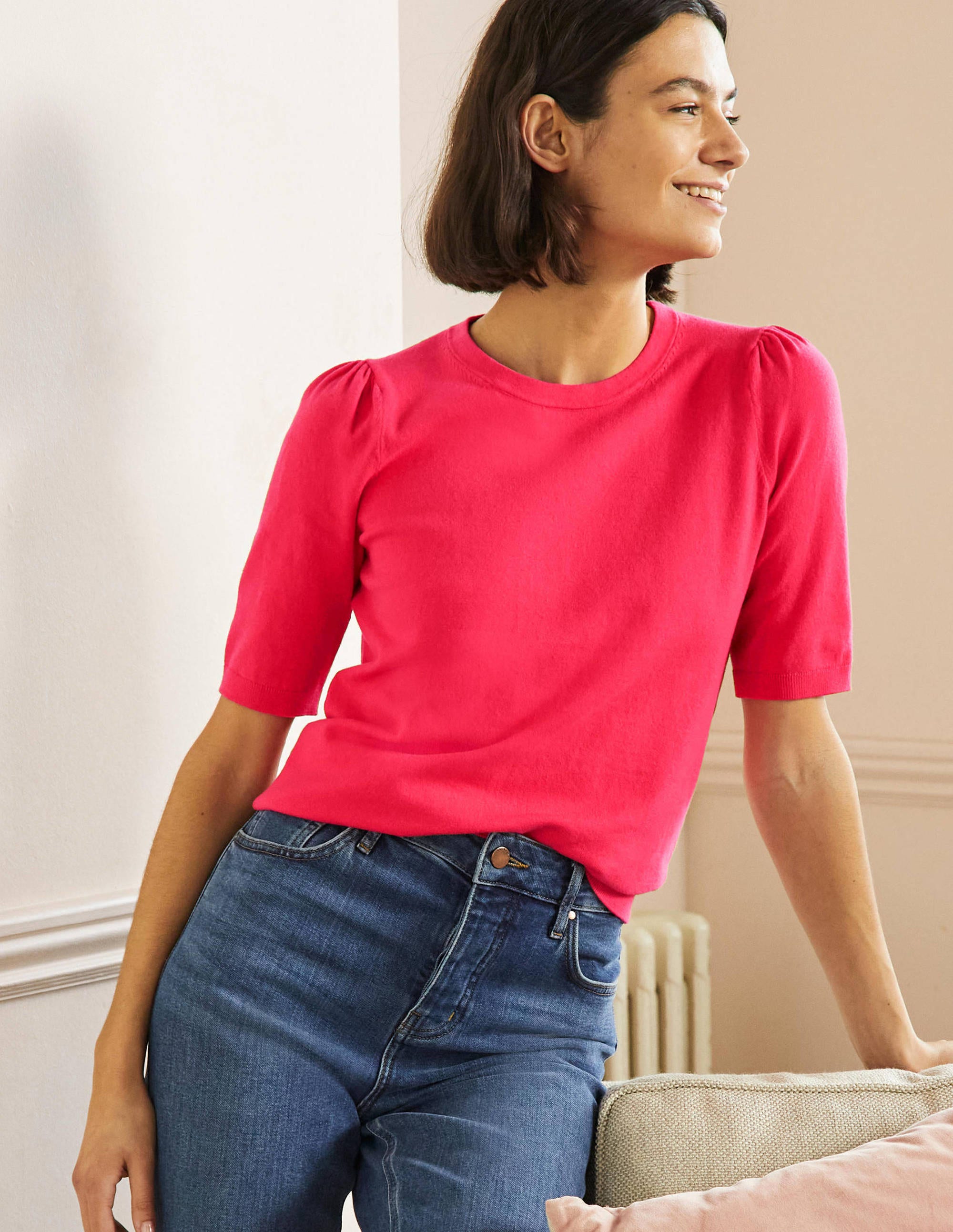 Top col rond en maille de coton ROS Femme Boden, Pink