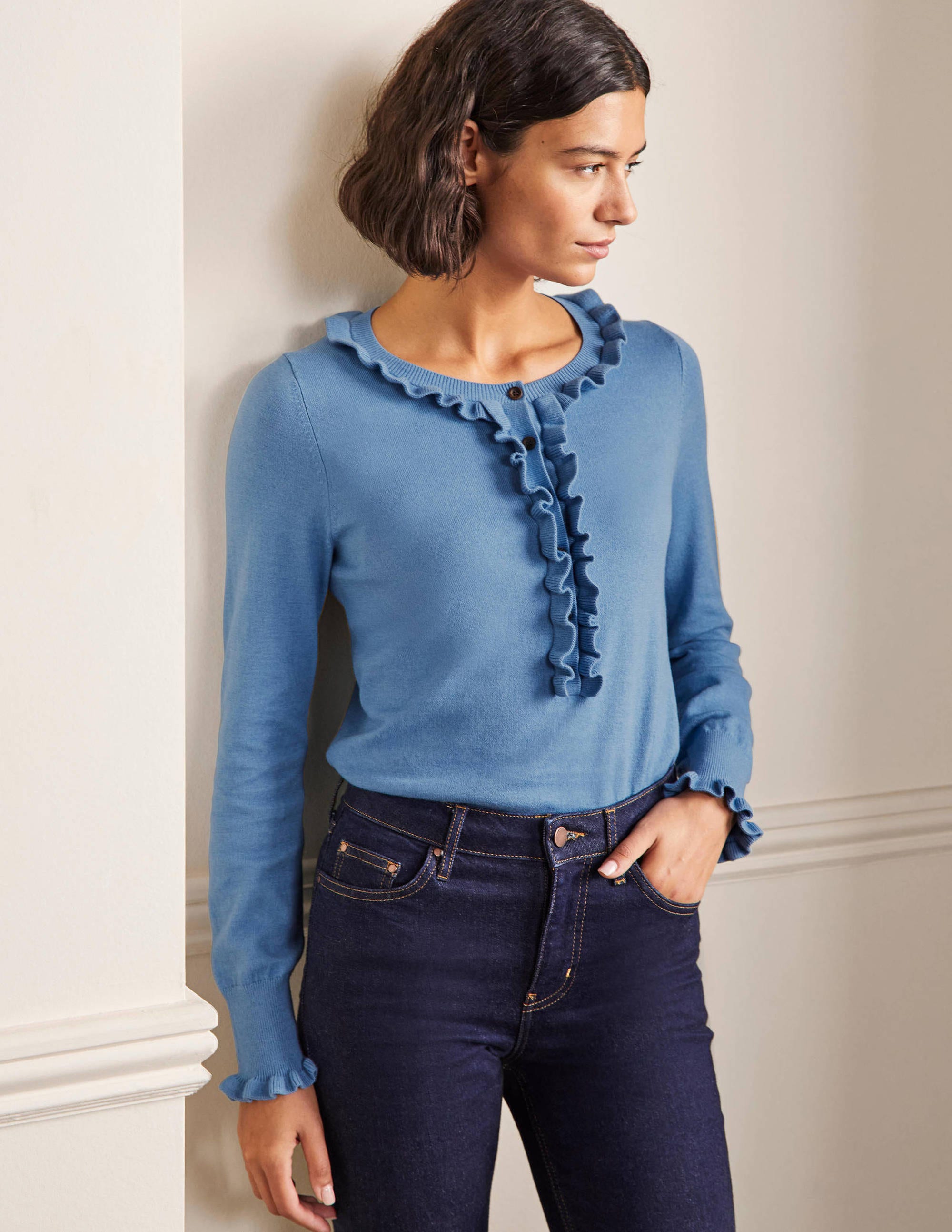 Pull col tunisien à détail volanté BLU Femme Boden, Blue
