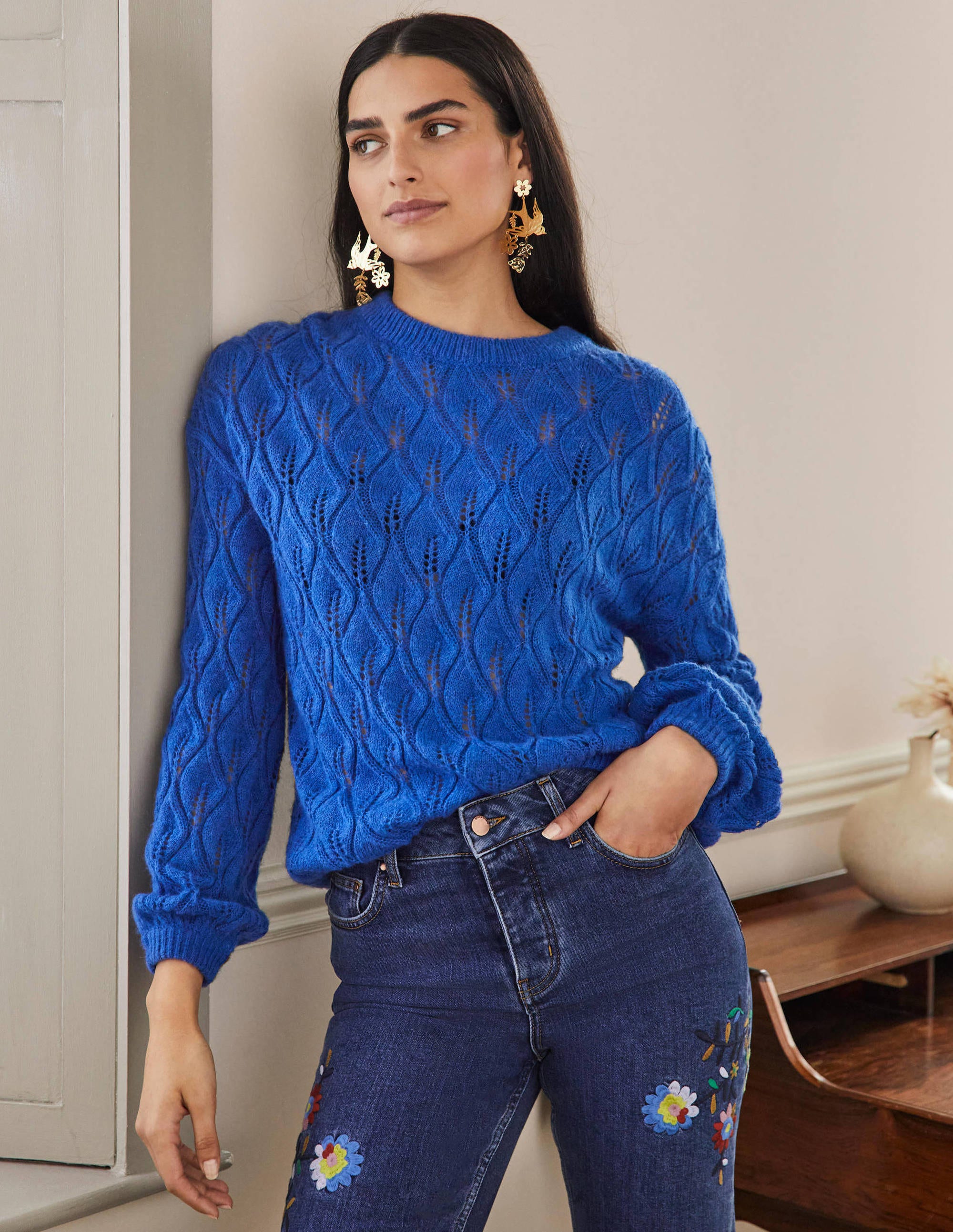 Pull duveteux en pointelle GBL Femme Boden, Blue