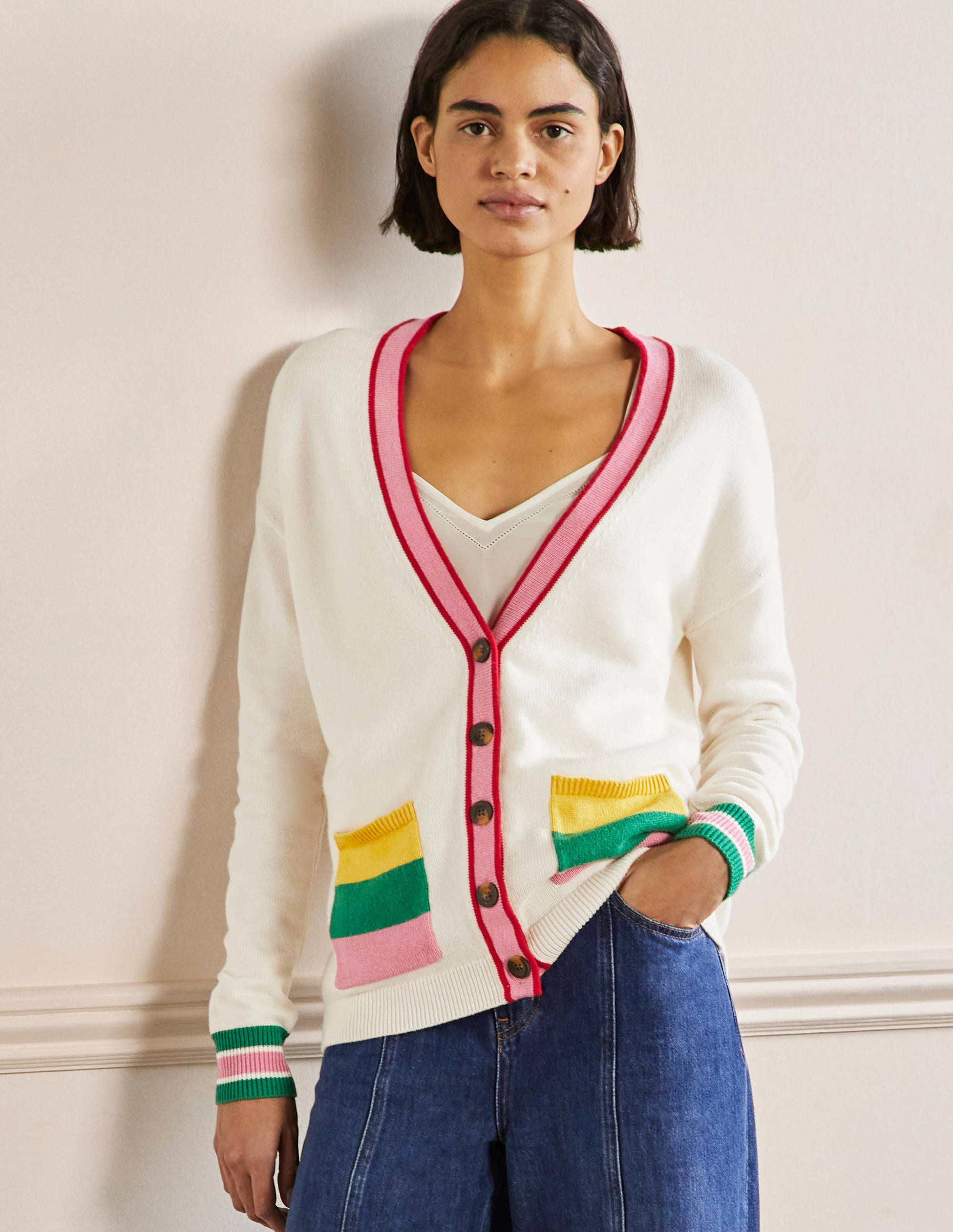 Gilet col V à détail rayé IVO Femme Boden, Ivory