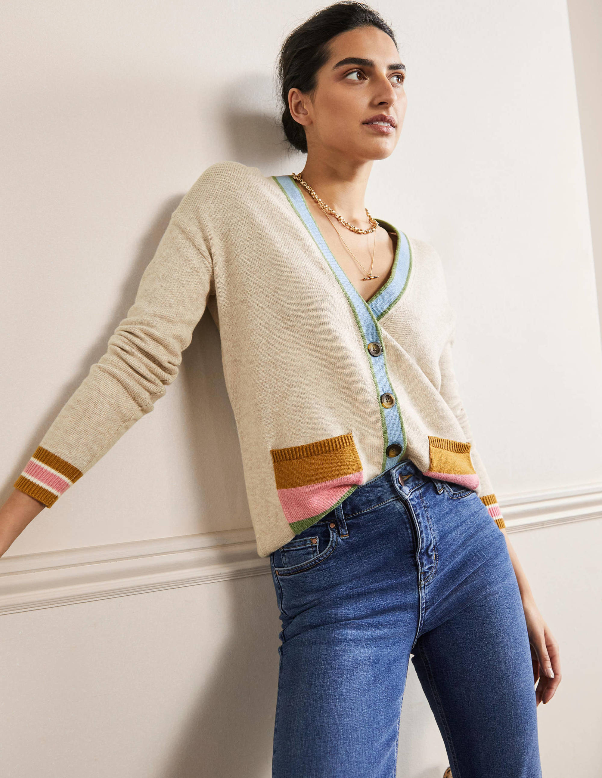 Gilet col V à détail rayé NEU Femme Boden, Natural