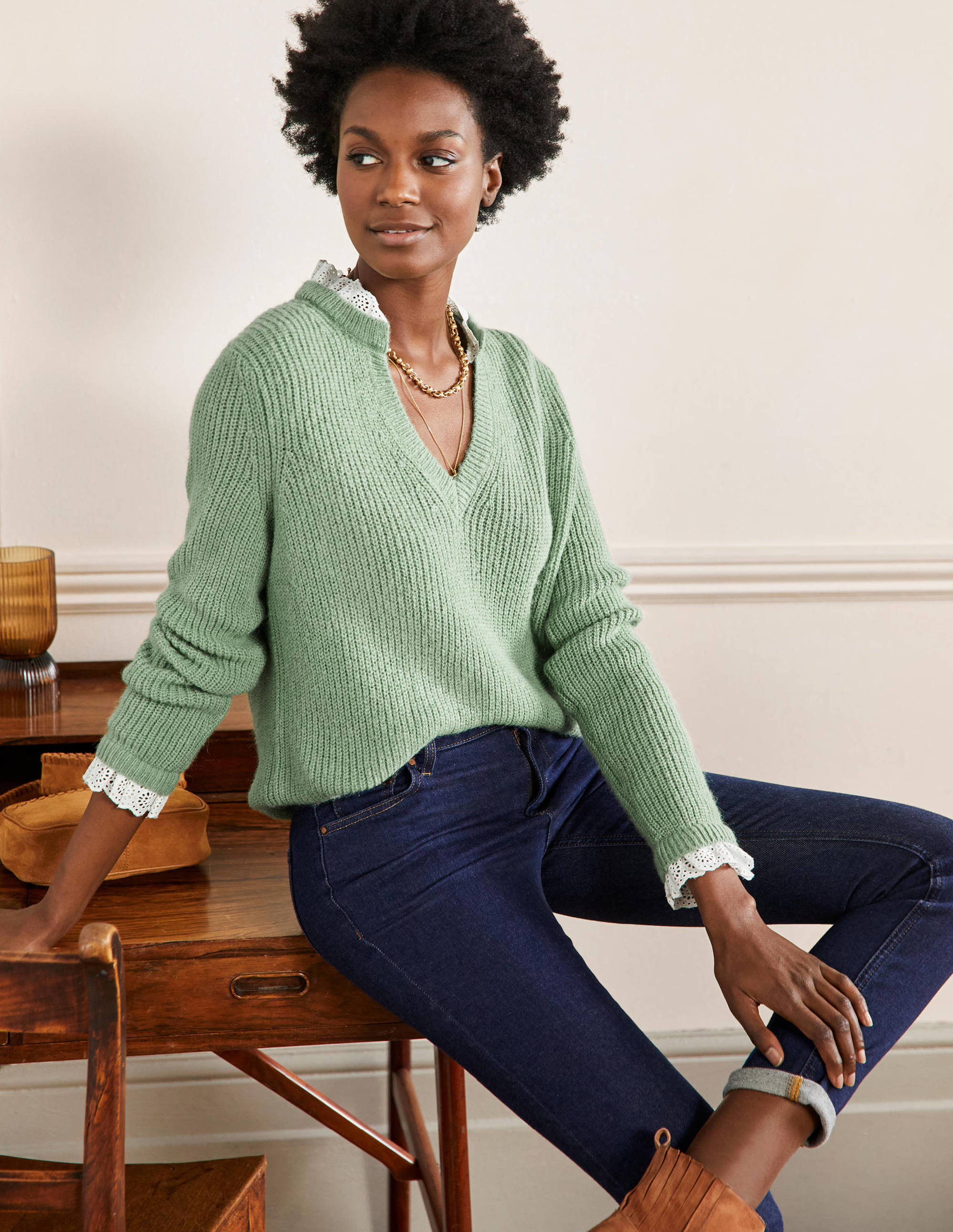 Pull côtelé mélangé GRN Femme Boden, Green