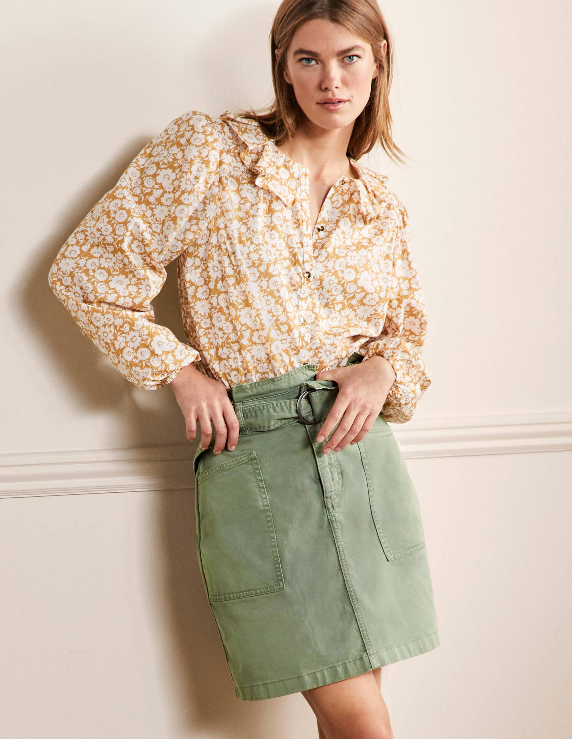 Jupe taille froncée avec lien OLV Femme Boden, Green