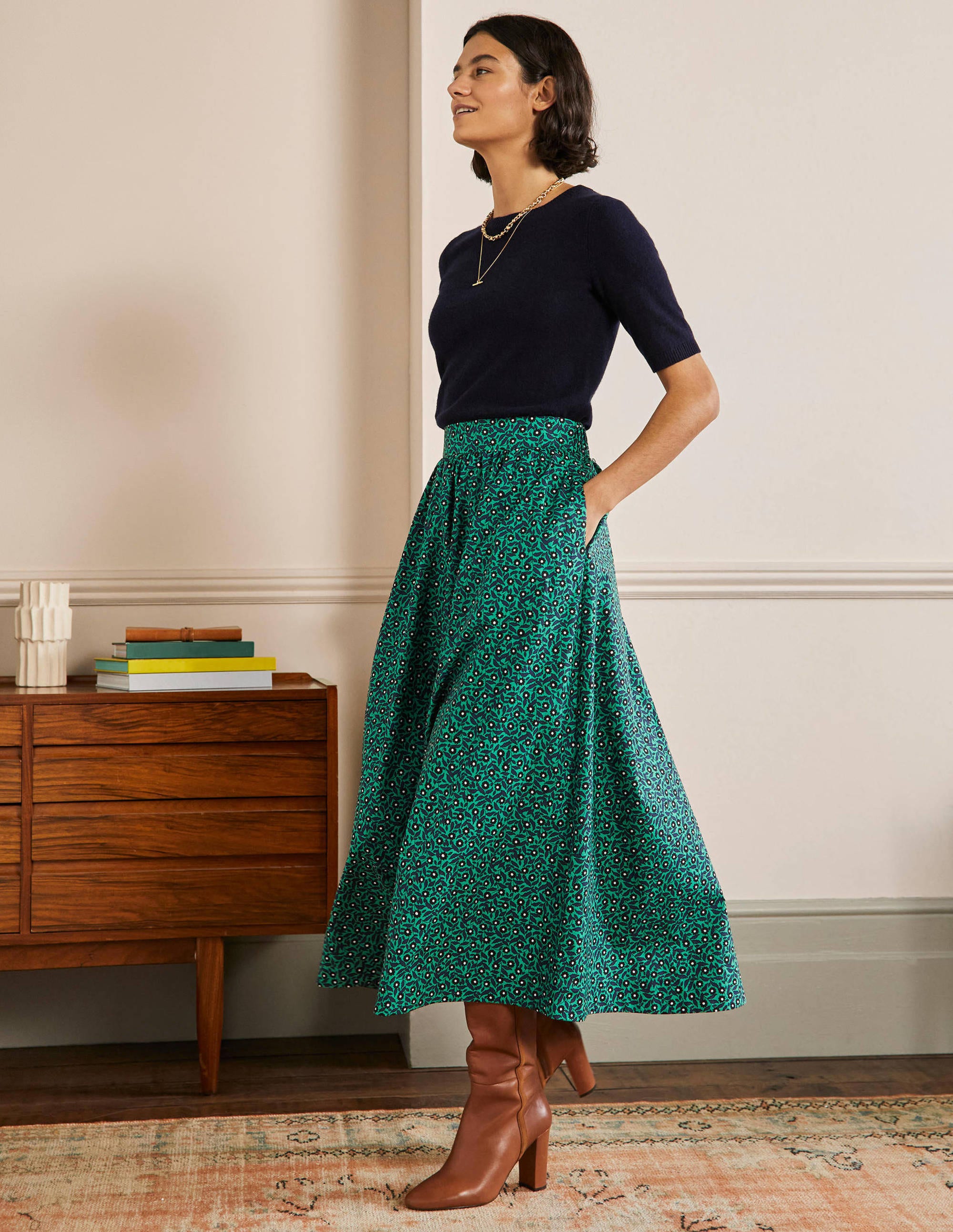 Jupe midi à enfiler en coton DGR Femme Boden, Green