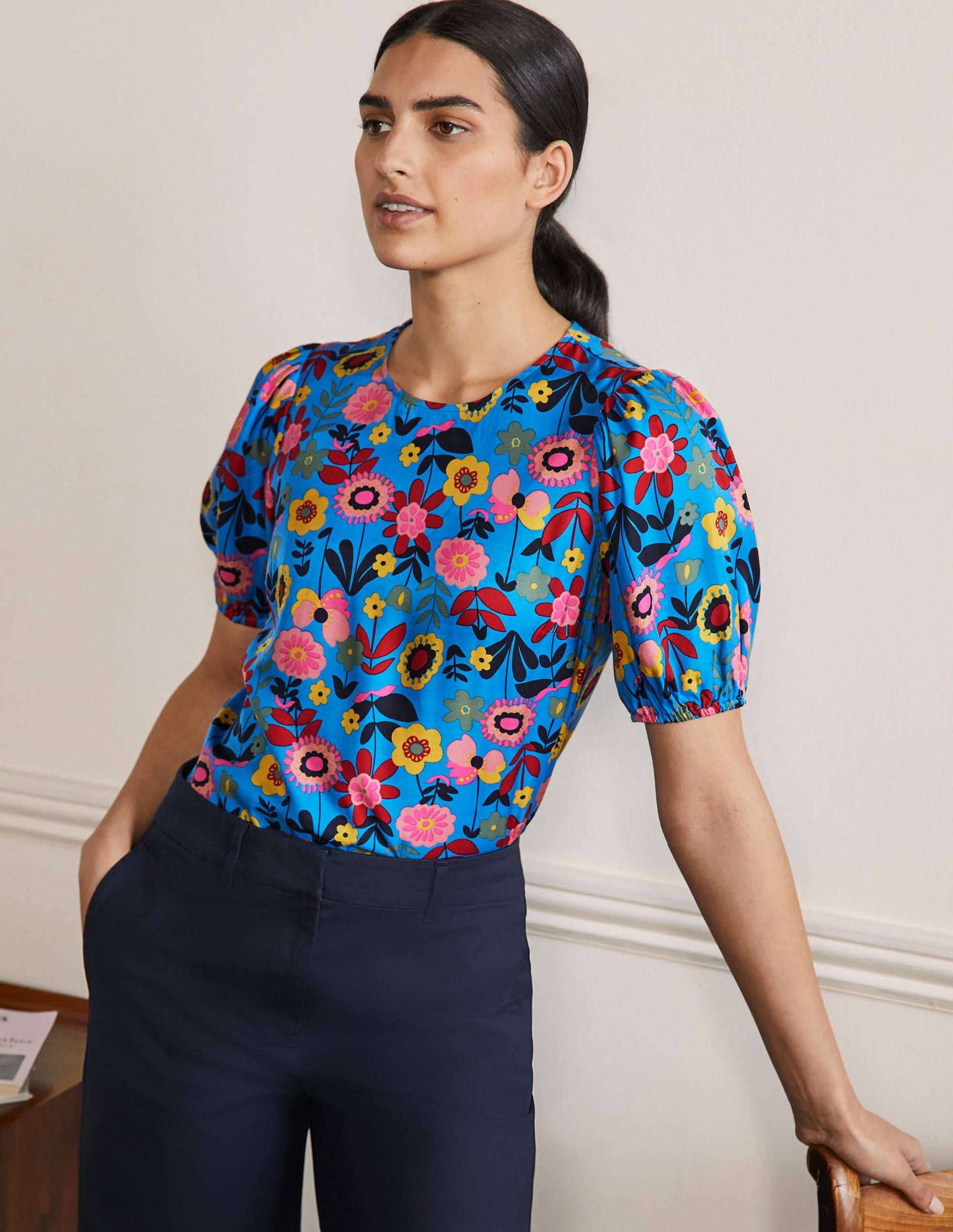 Top Adriana à manches bouffantes BBL Femme Boden, Blue