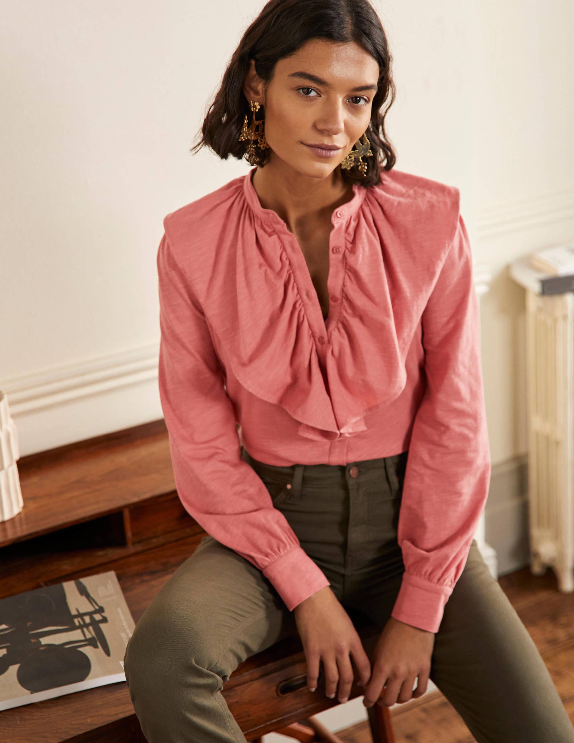 Chemise en jersey à volant LRD Femme Boden, Red