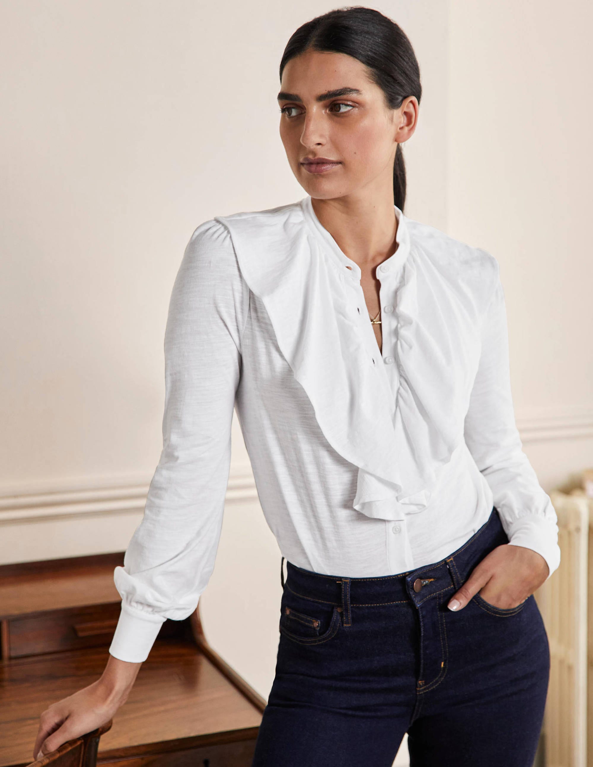Chemise en jersey à volant WHT Femme Boden, White