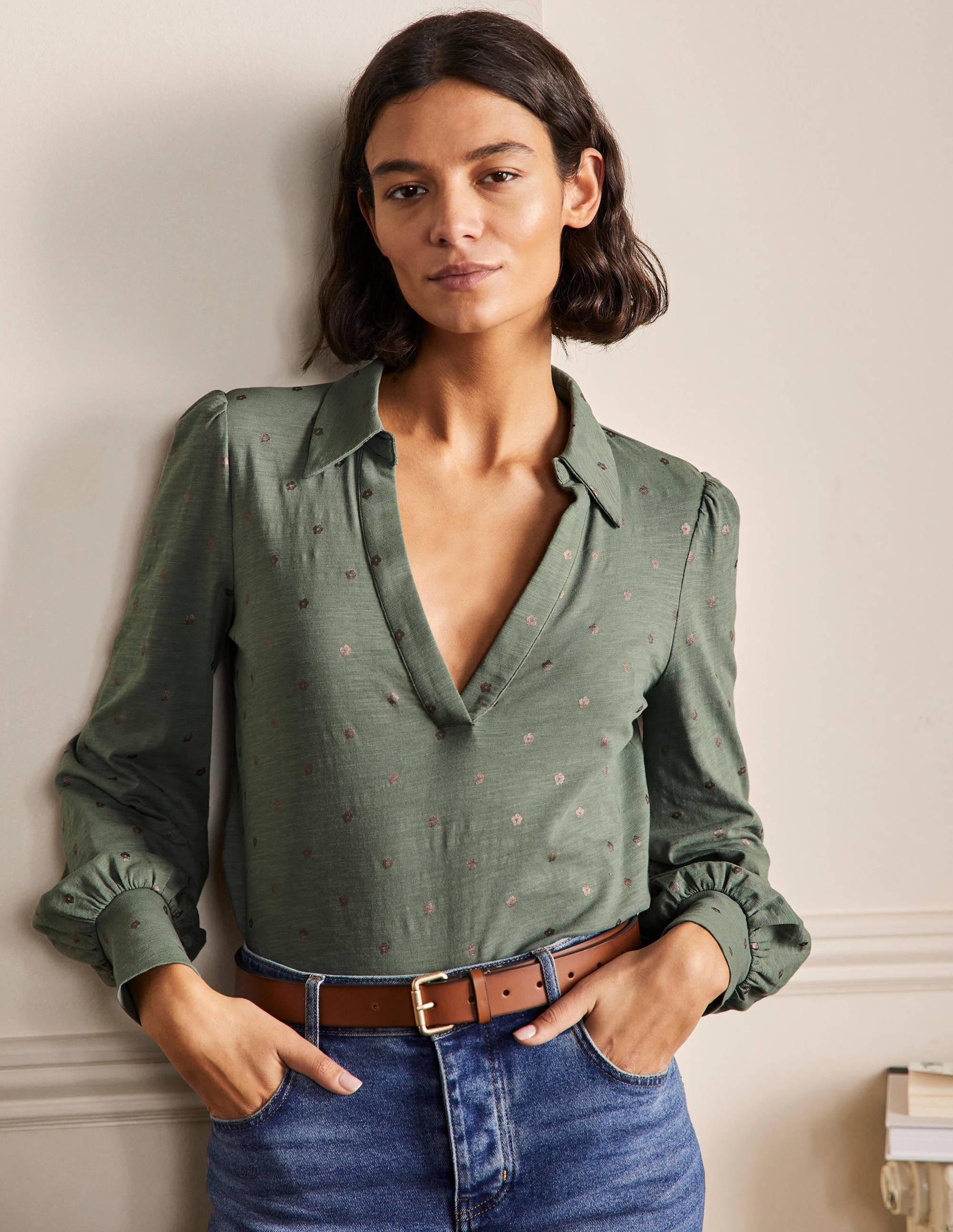 Top en coton à col cranté KHK Femme Boden, Khaki