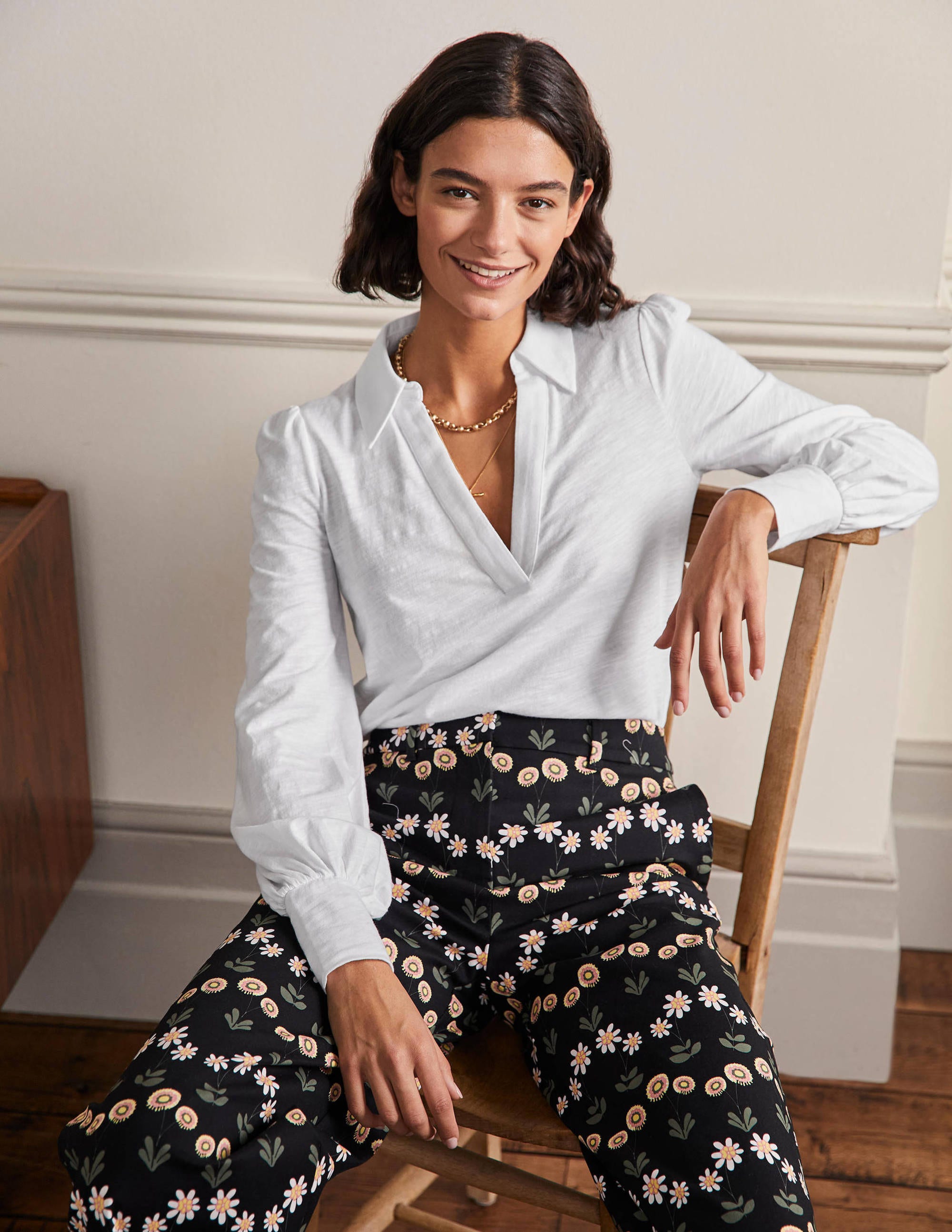 Top en coton à col cranté WHT Femme Boden, White