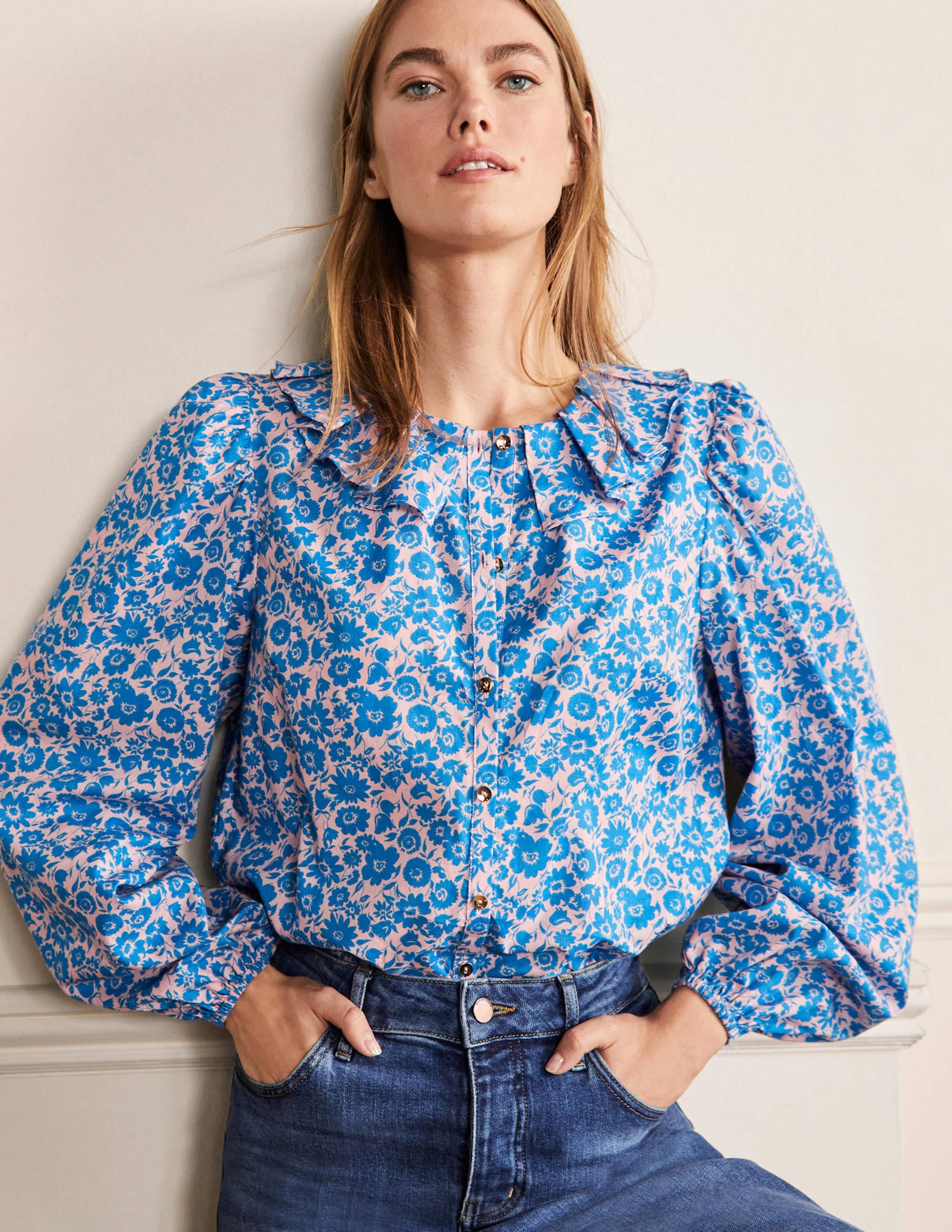 Blouse à col plissé BLU Femme Boden, Blue
