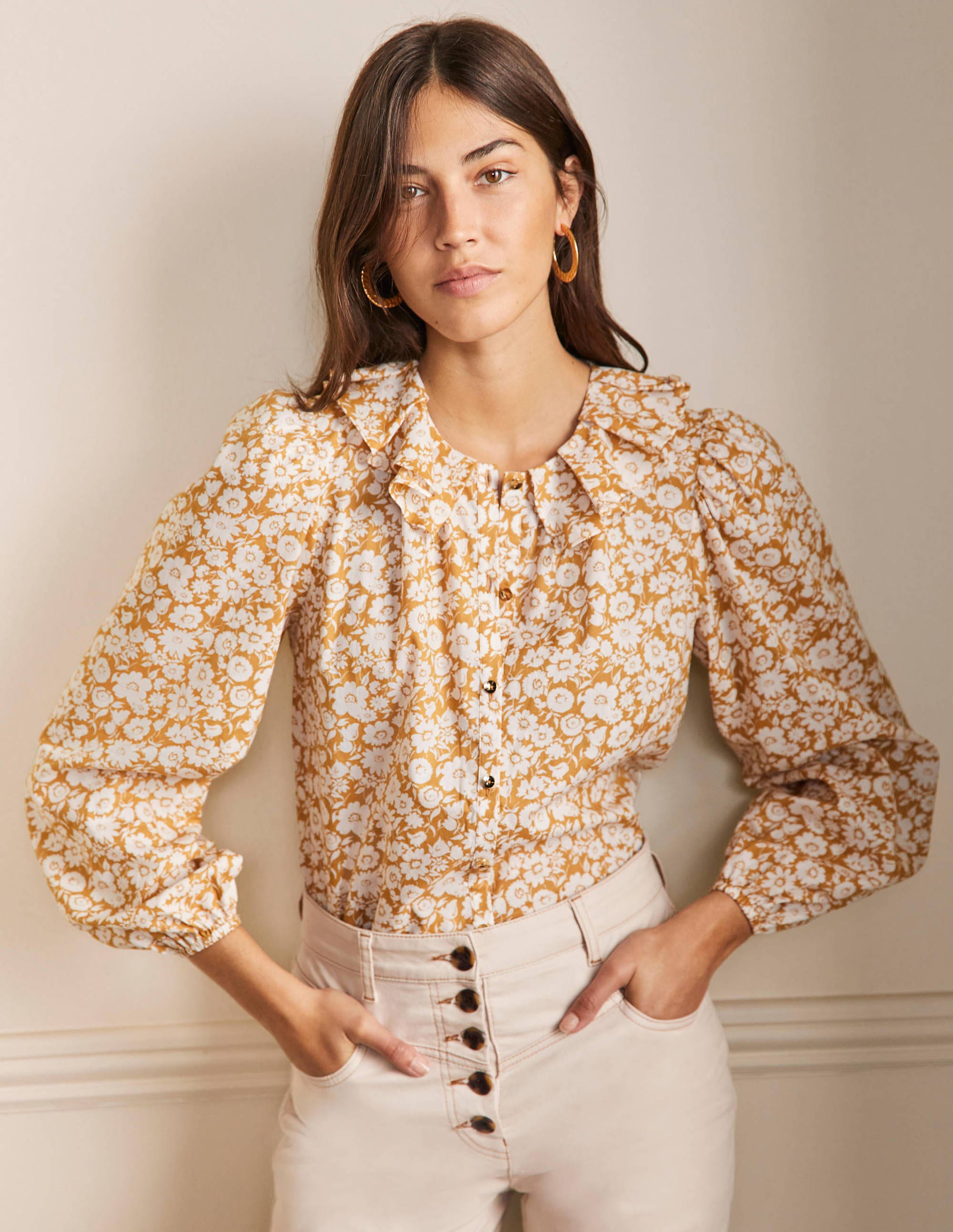 Blouse à col plissé YEL Femme Boden, Yellow