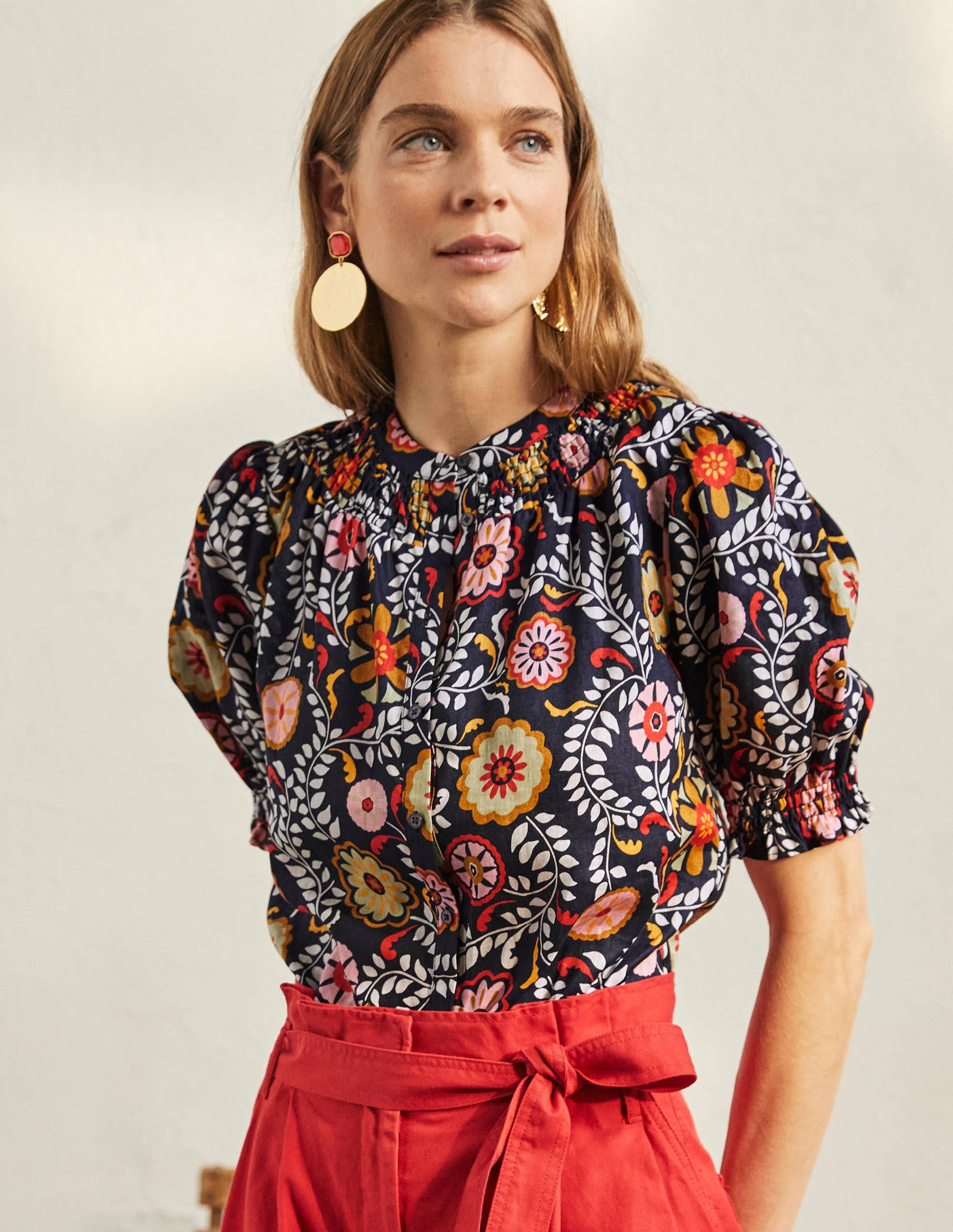Blouse manches courtes à smocks NVY Femme Boden, Navy