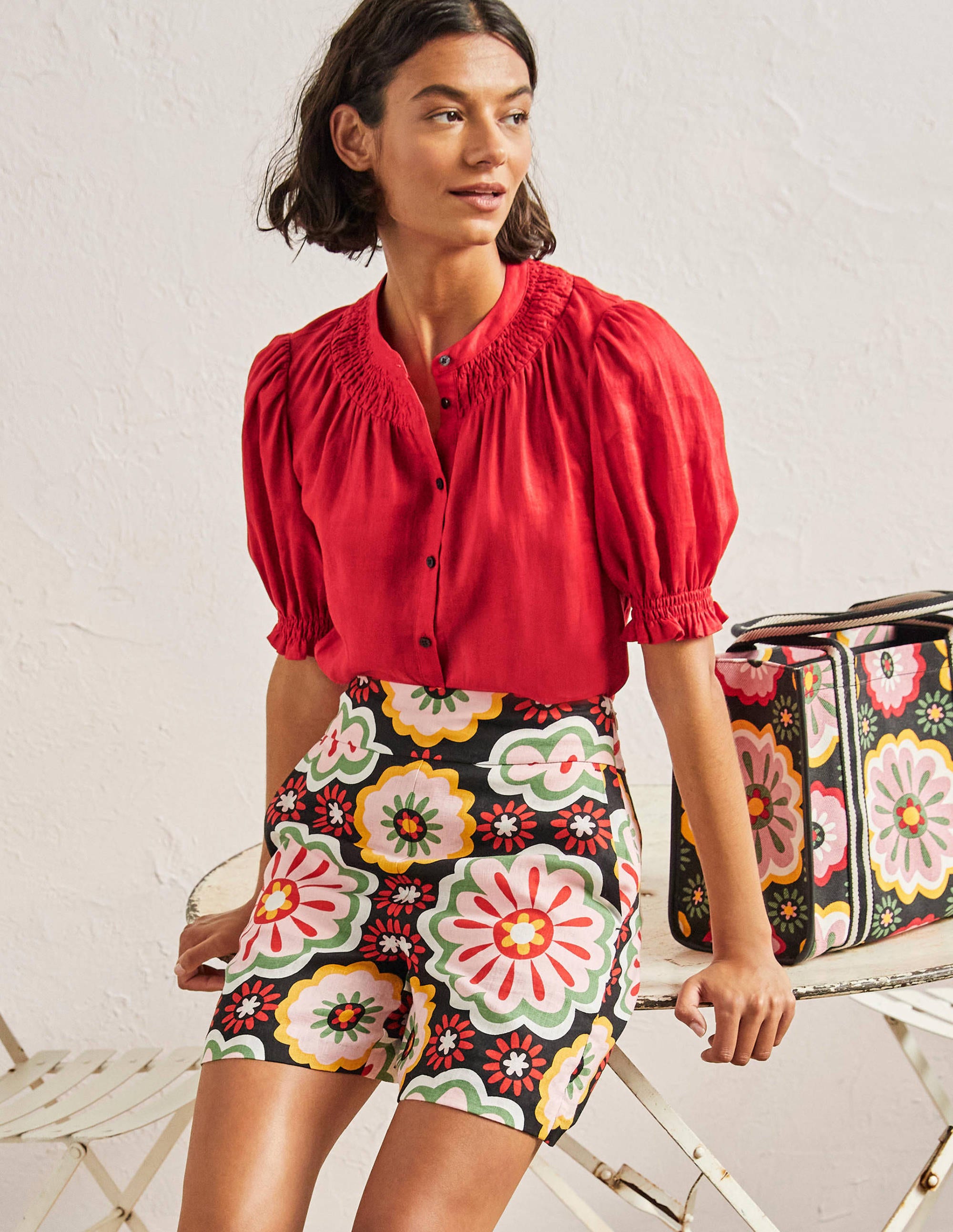 Blouse manches courtes à smocks RED Femme Boden, Red