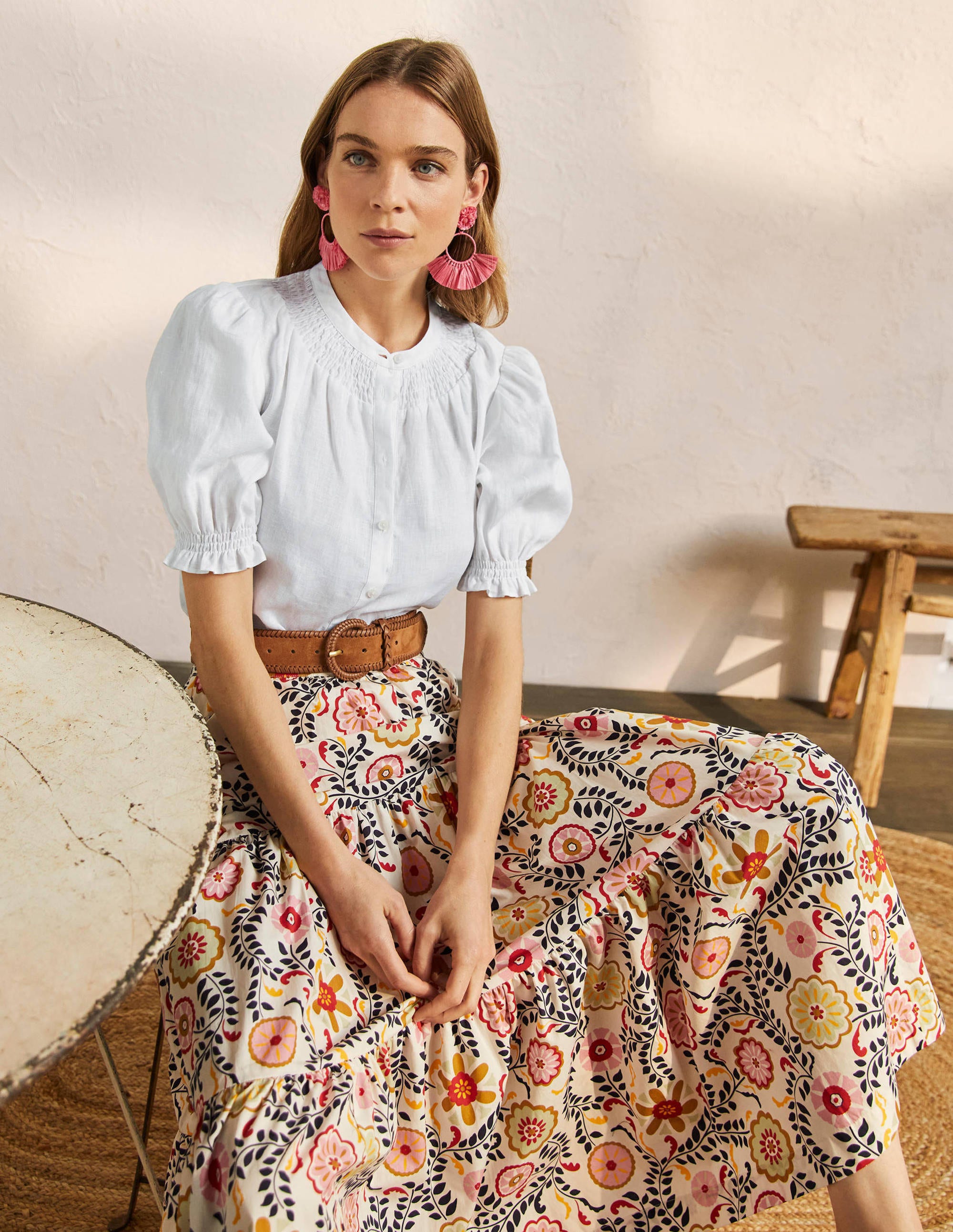 Blouse manches courtes à smocks WHT Femme Boden, White