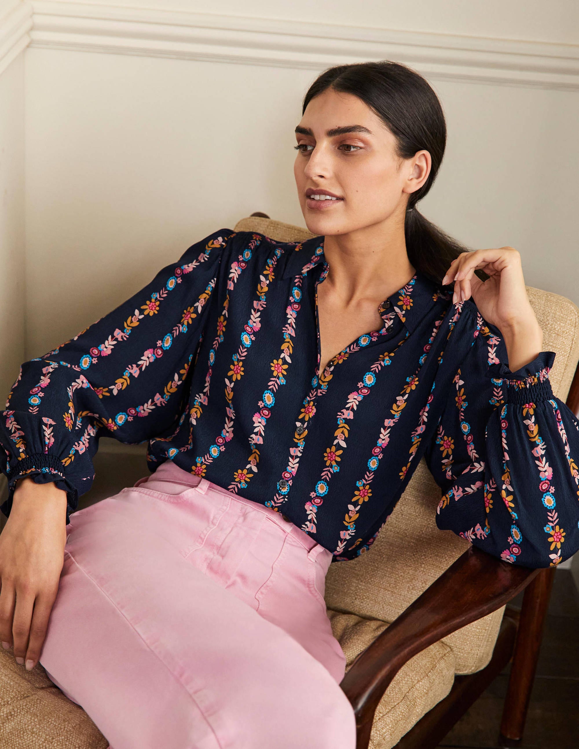 Chemise à smocks NVY Femme Boden, Navy