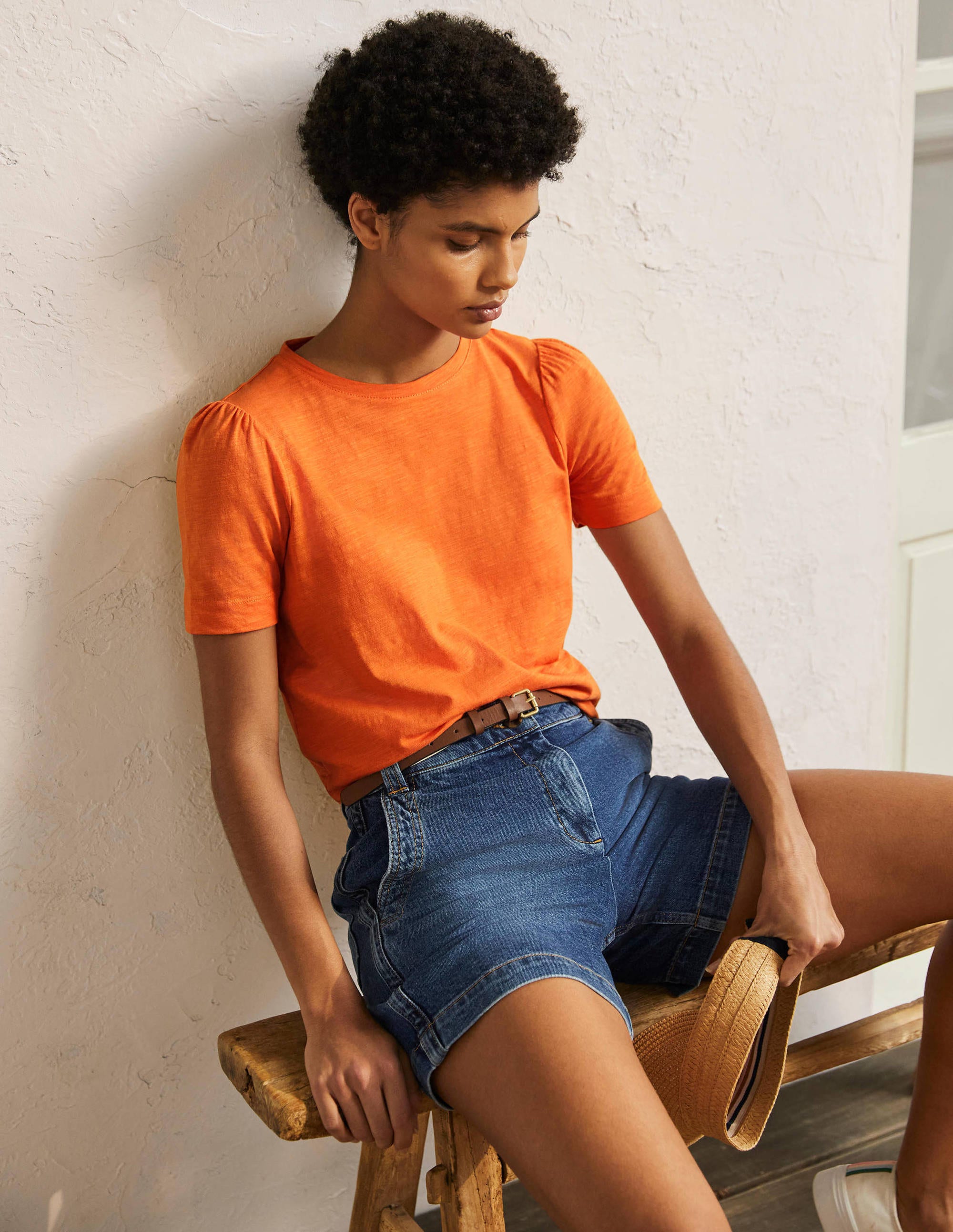 T-shirt en coton à manches bouffantes CHK Femme Boden, Orange