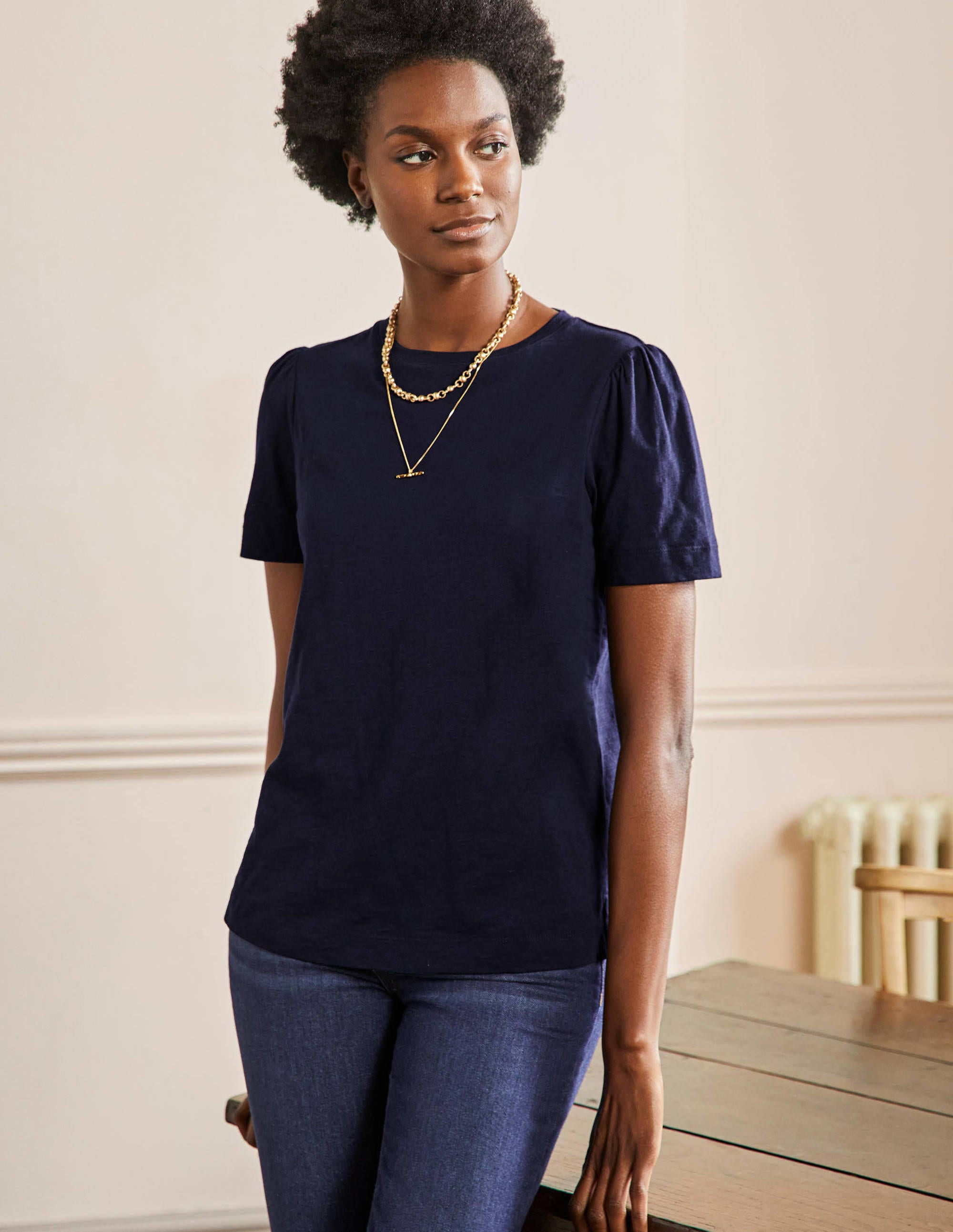 T-shirt en coton à manches bouffantes NAV Femme Boden, Navy