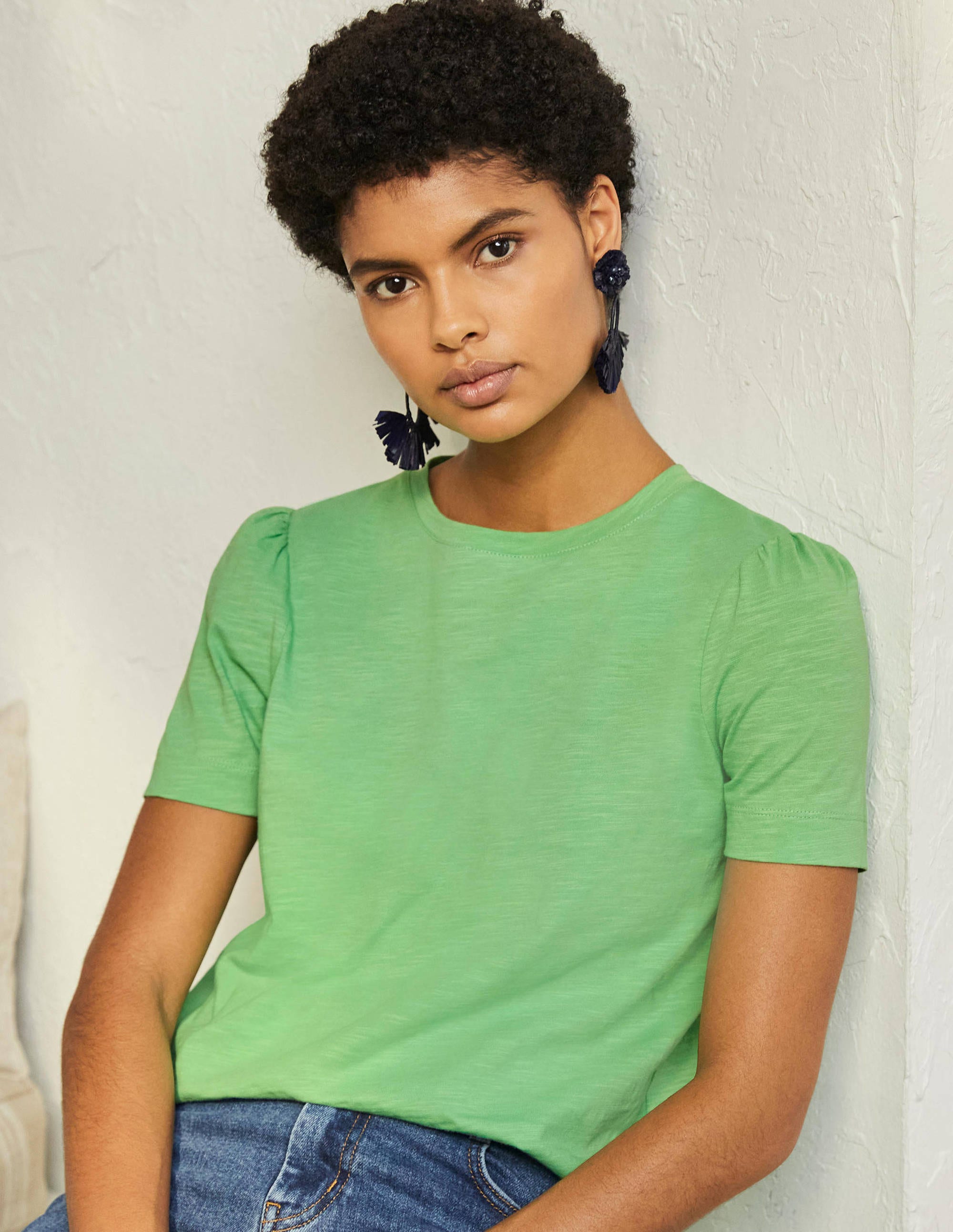 T-shirt en coton à manches bouffantes STR Femme Boden, Green
