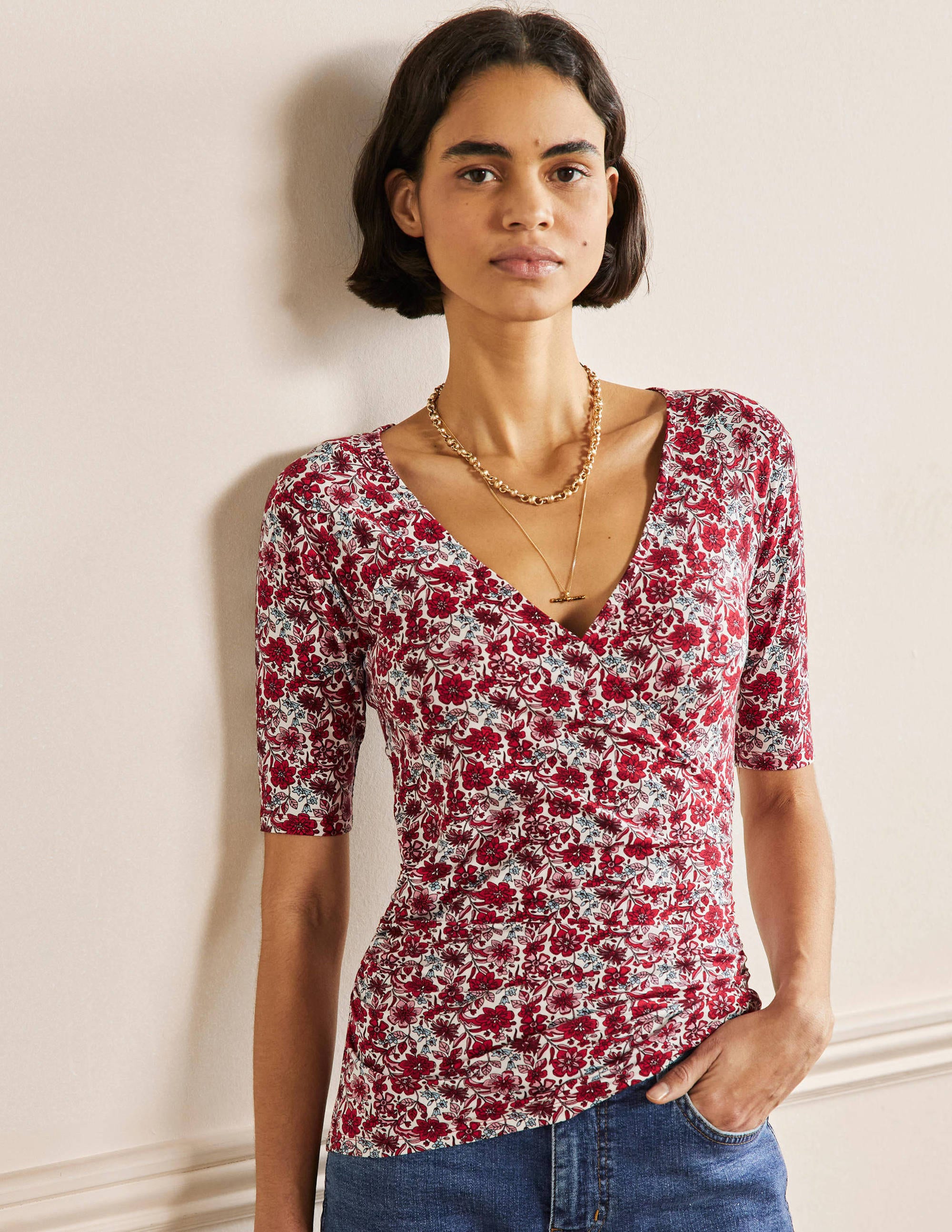Top cache-cœur à manches courtes RED Femme Boden, Red