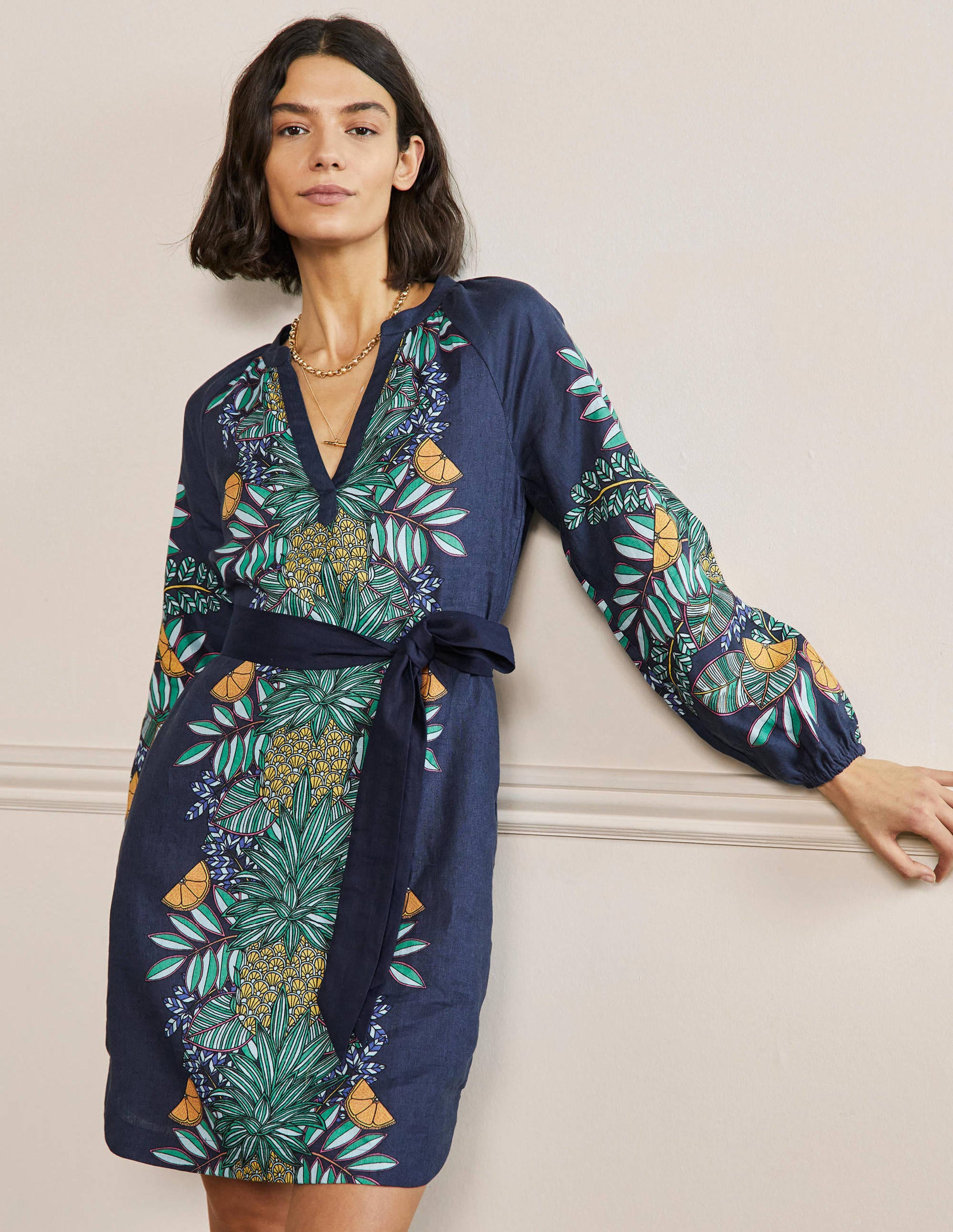 Mini-robe à col cranté en lin NVY Femme Boden, Navy