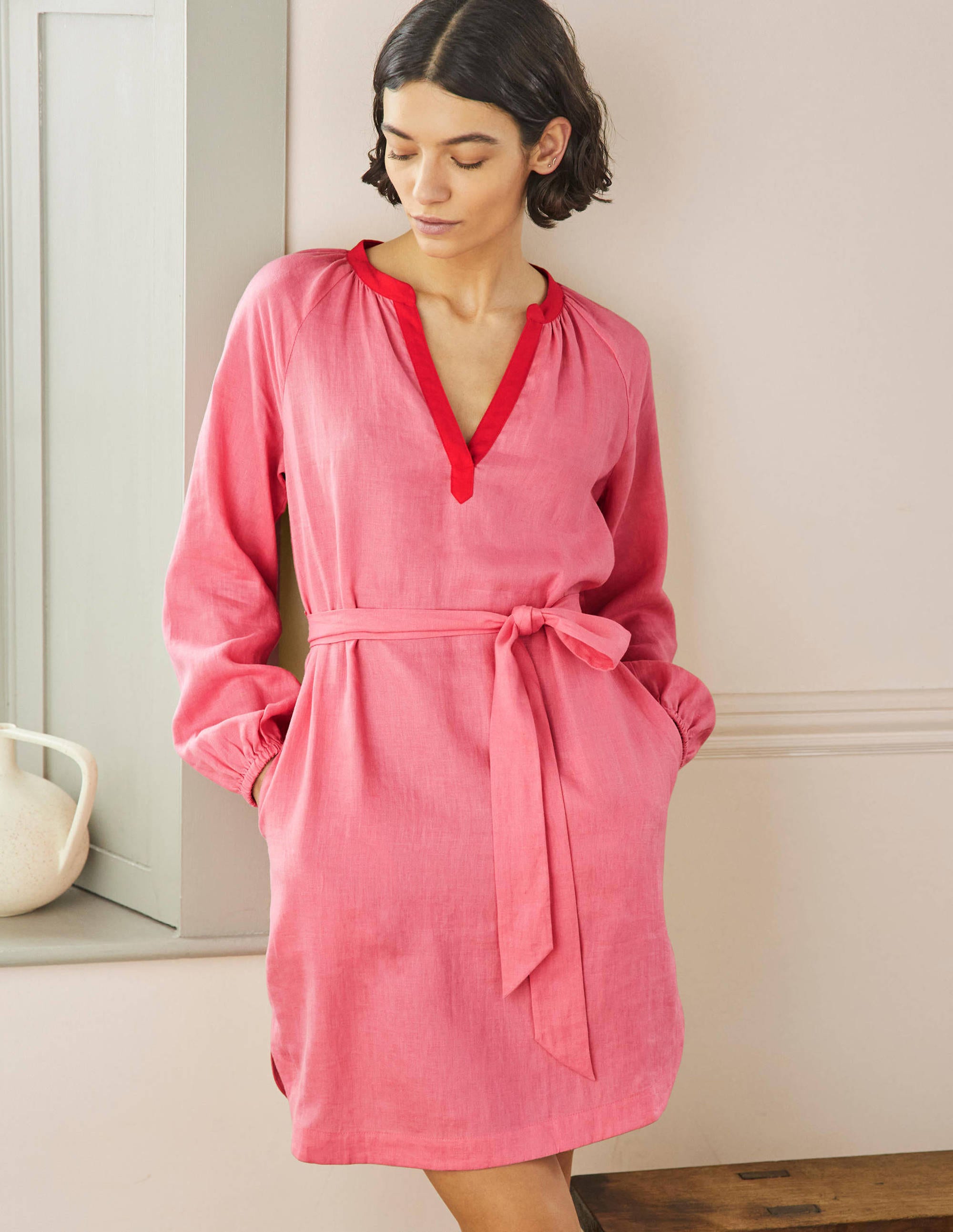 Mini-robe à col cranté en lin PNT Femme Boden, Pink
