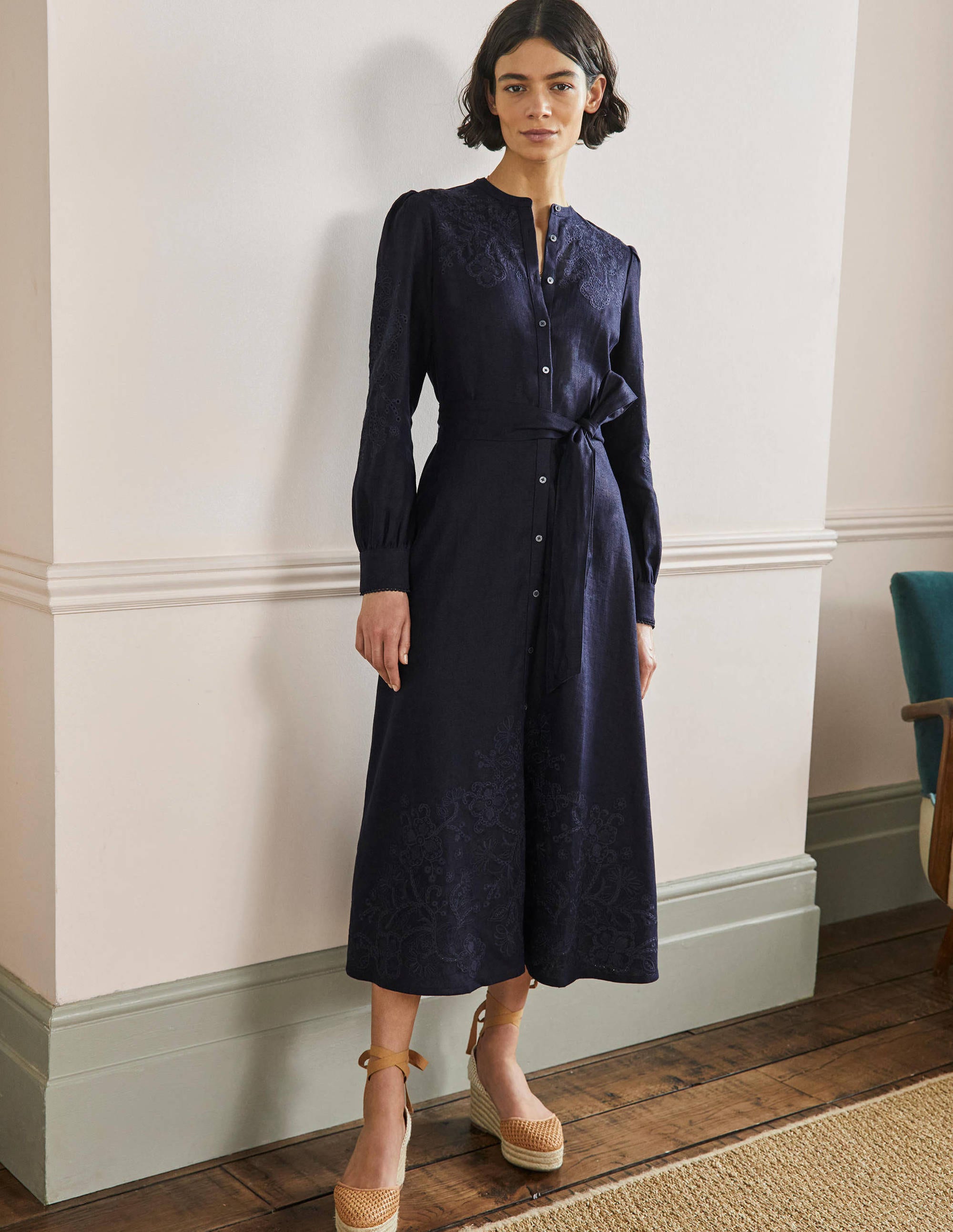 Robe-chemise midi ajourée NAV Femme Boden, Navy