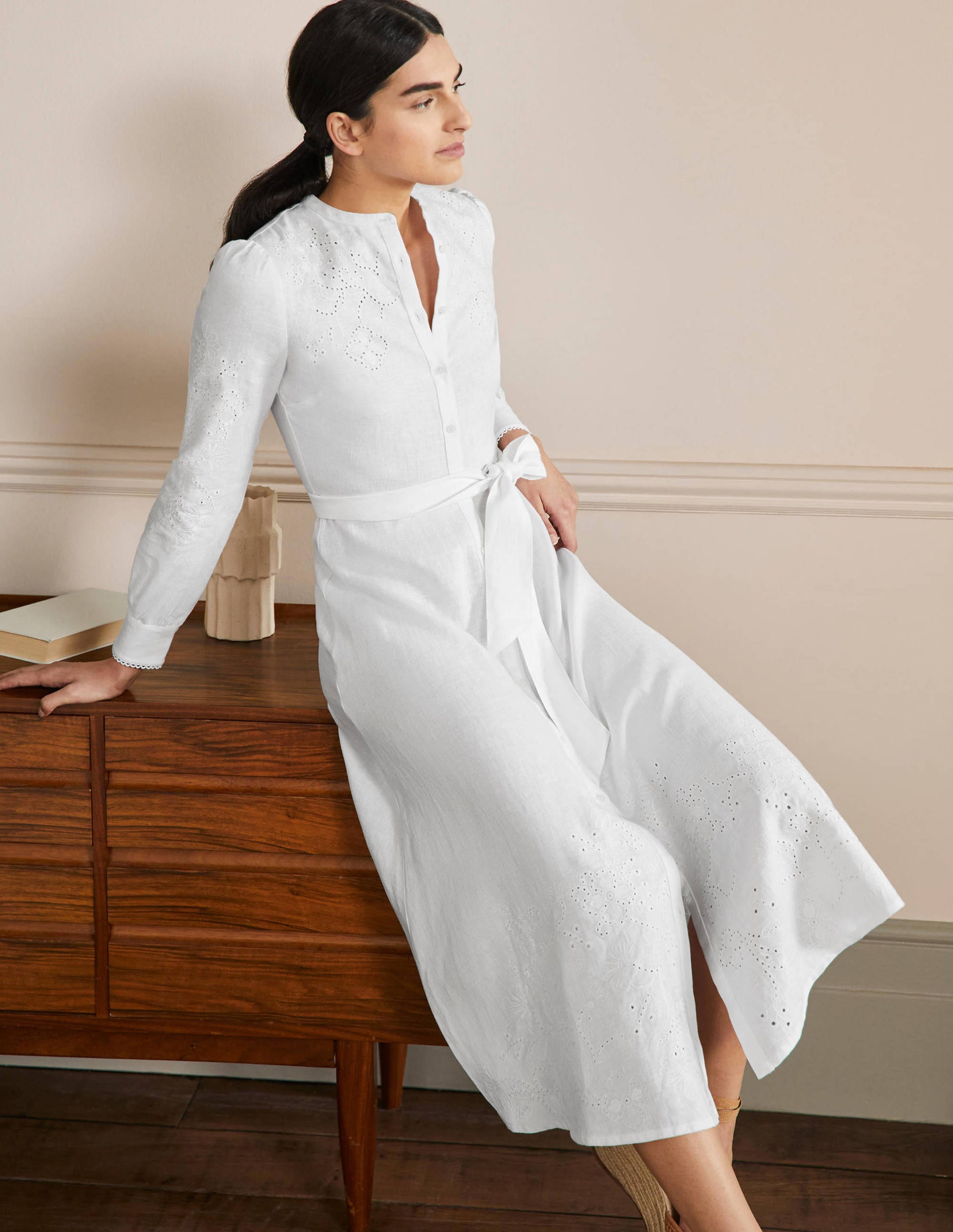 Robe-chemise midi ajourée WHT Femme Boden, White