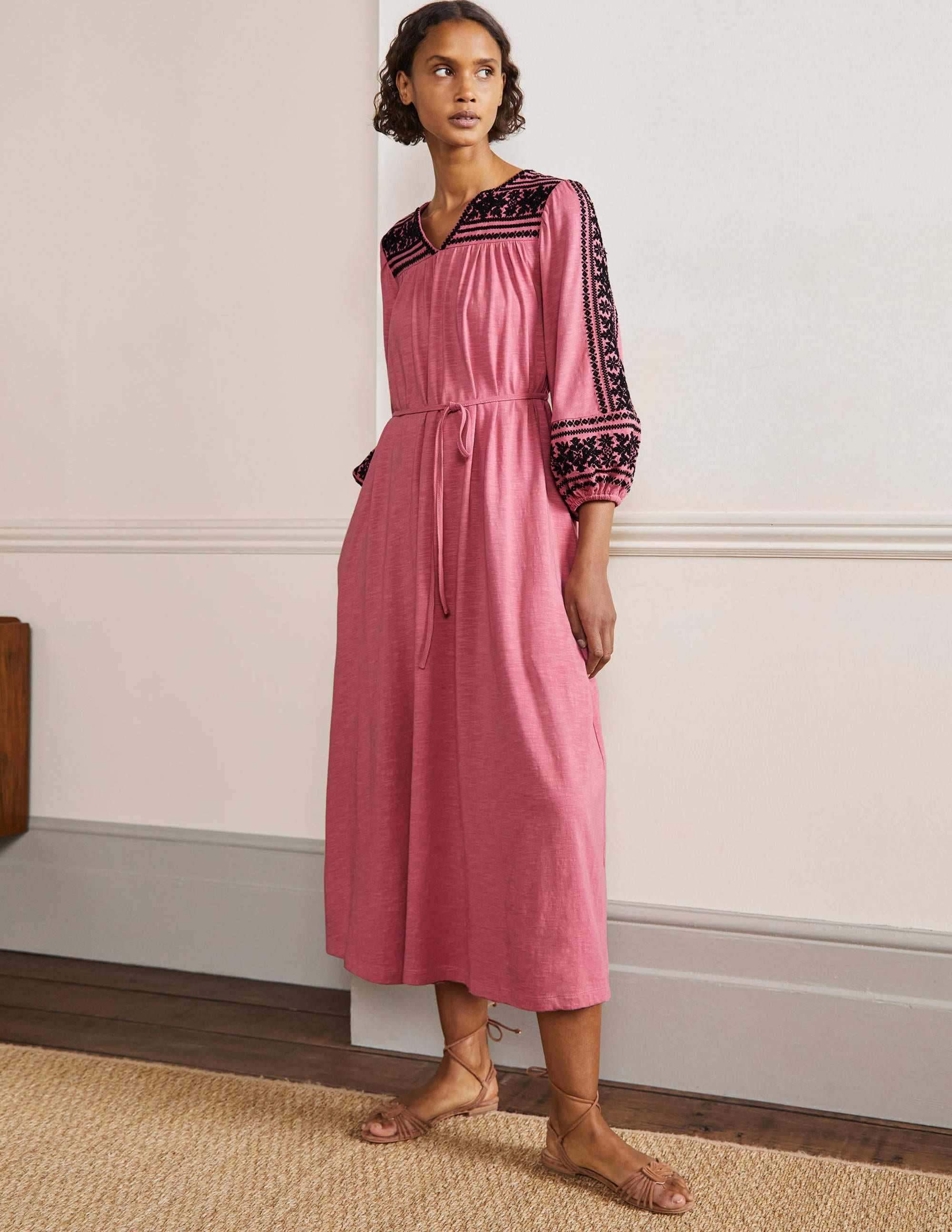 Robe midi brodée en jersey LRD Femme Boden, Red