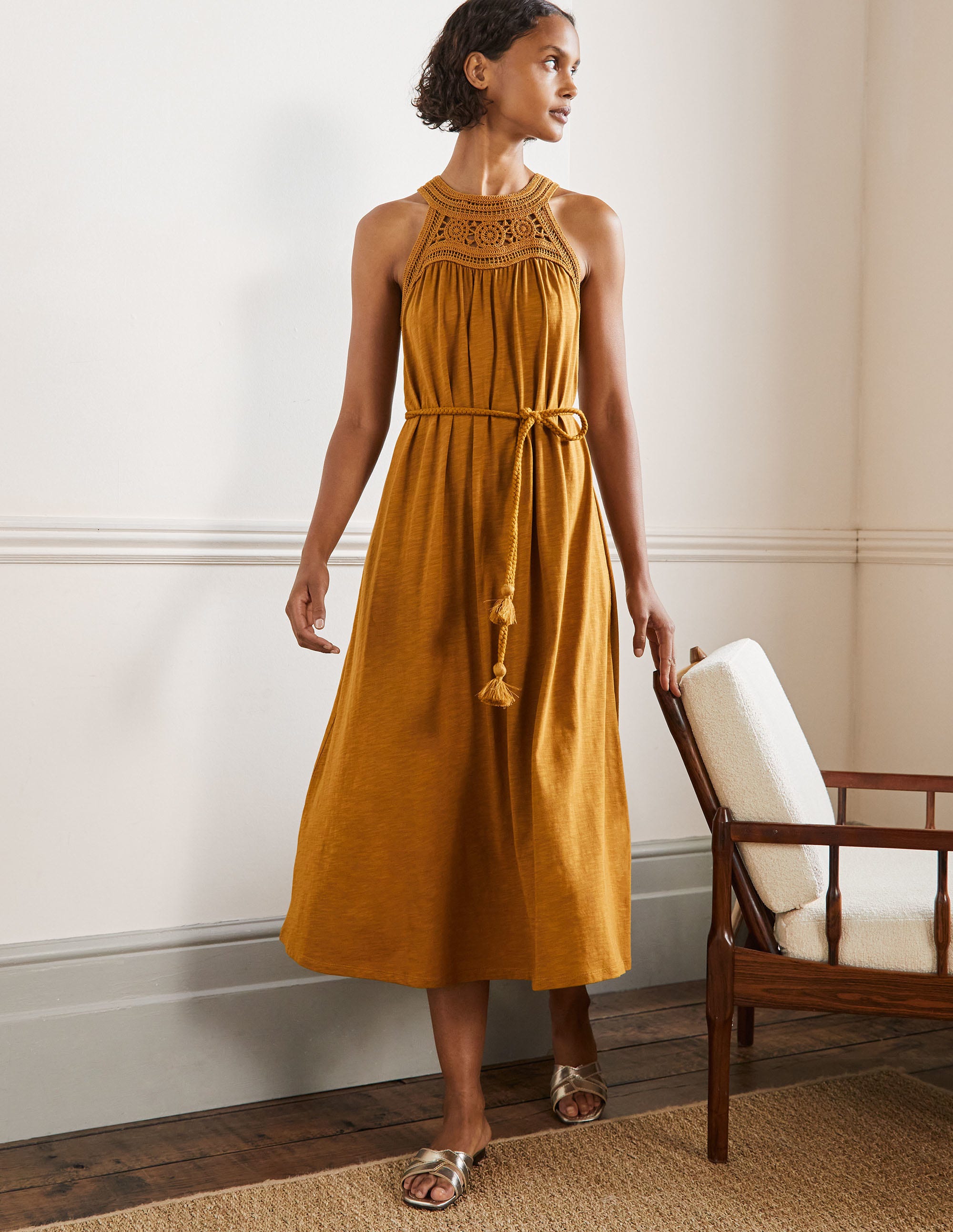 Robe midi Anais en jersey GLD Femme Boden, Gold