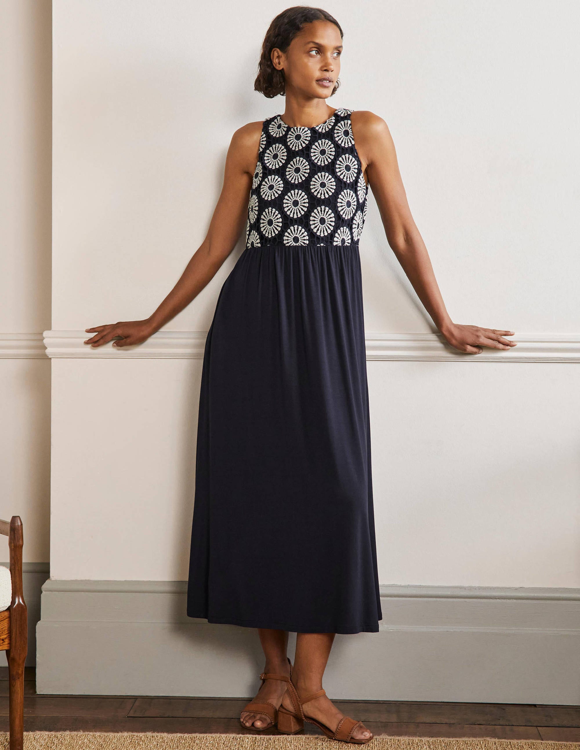 Robe midi en jersey et crochet NAV Femme Boden, Navy