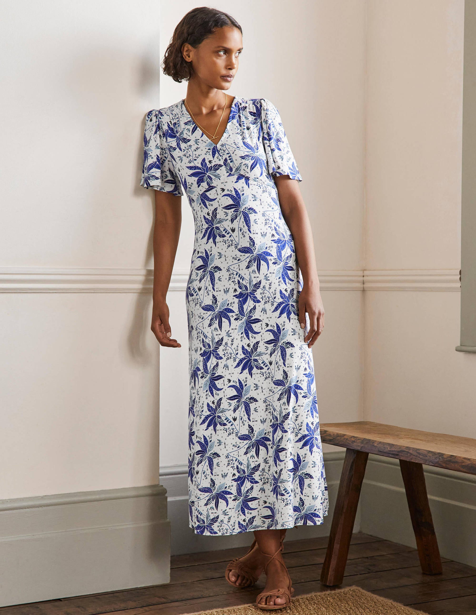 Robe midi style 40s en jersey BLU Femme Boden, Blue