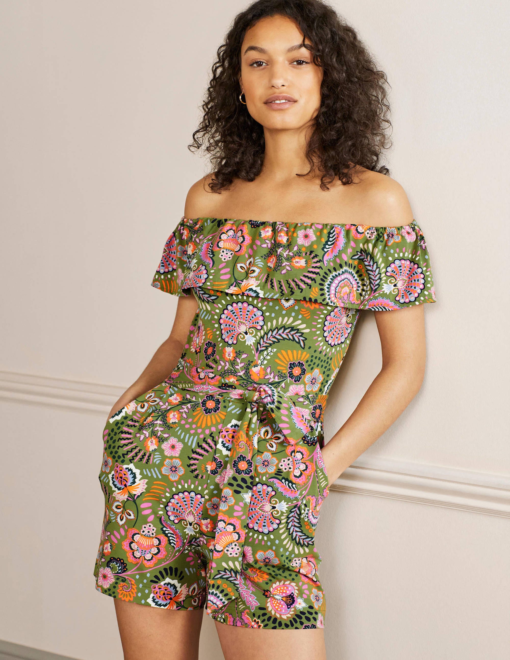 Combishort en jersey à col volanté GRN Femme Boden, Green