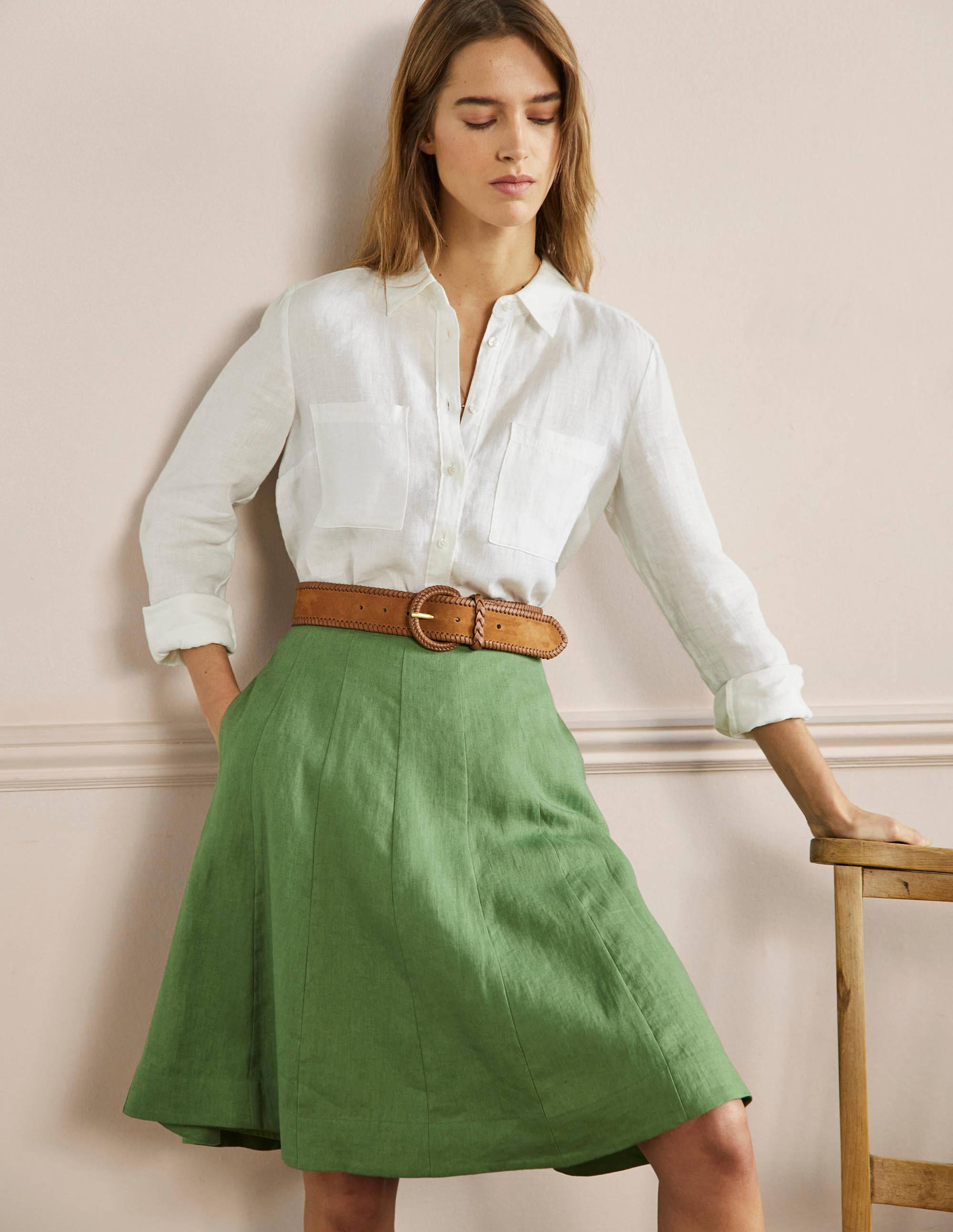 Mini-jupe en lin à empiècements GRN Femme Boden, Green