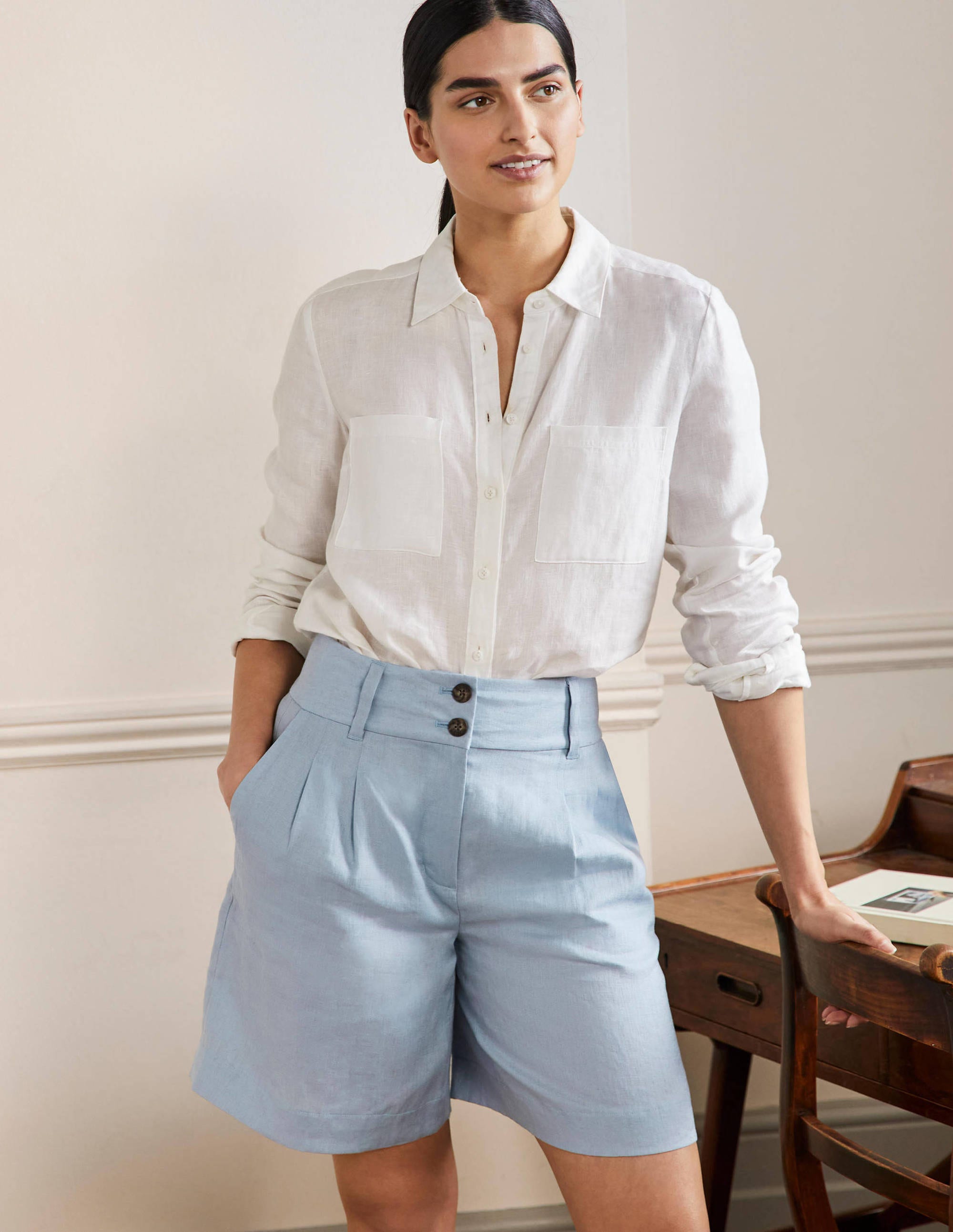 Short plissé en lin LBL Femme Boden, Blue